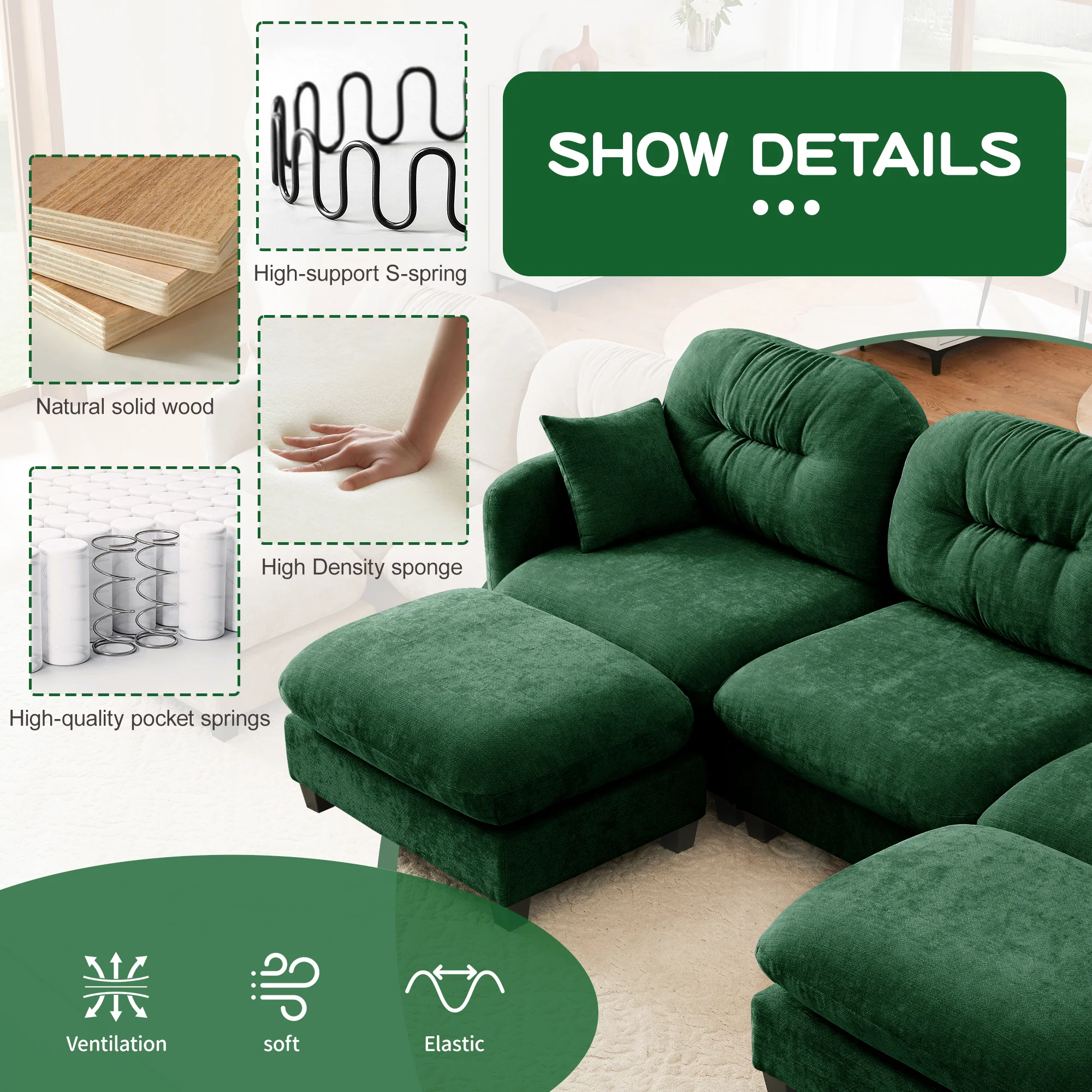 Cloud Tufted  Chenille Sectional Loveseat Sofa Couch With Ottoman - Image 8