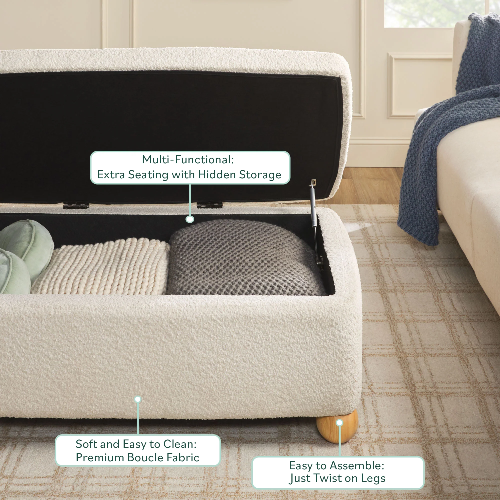 Linley Contemporary Boucle Easy Assembly Upholstered Large Storage Ottoman - Image 3