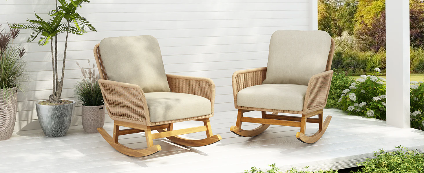 Walker Edison | Contemporary Minimalist Beige Wicker Rocking Chair Set of 2 - Image 2