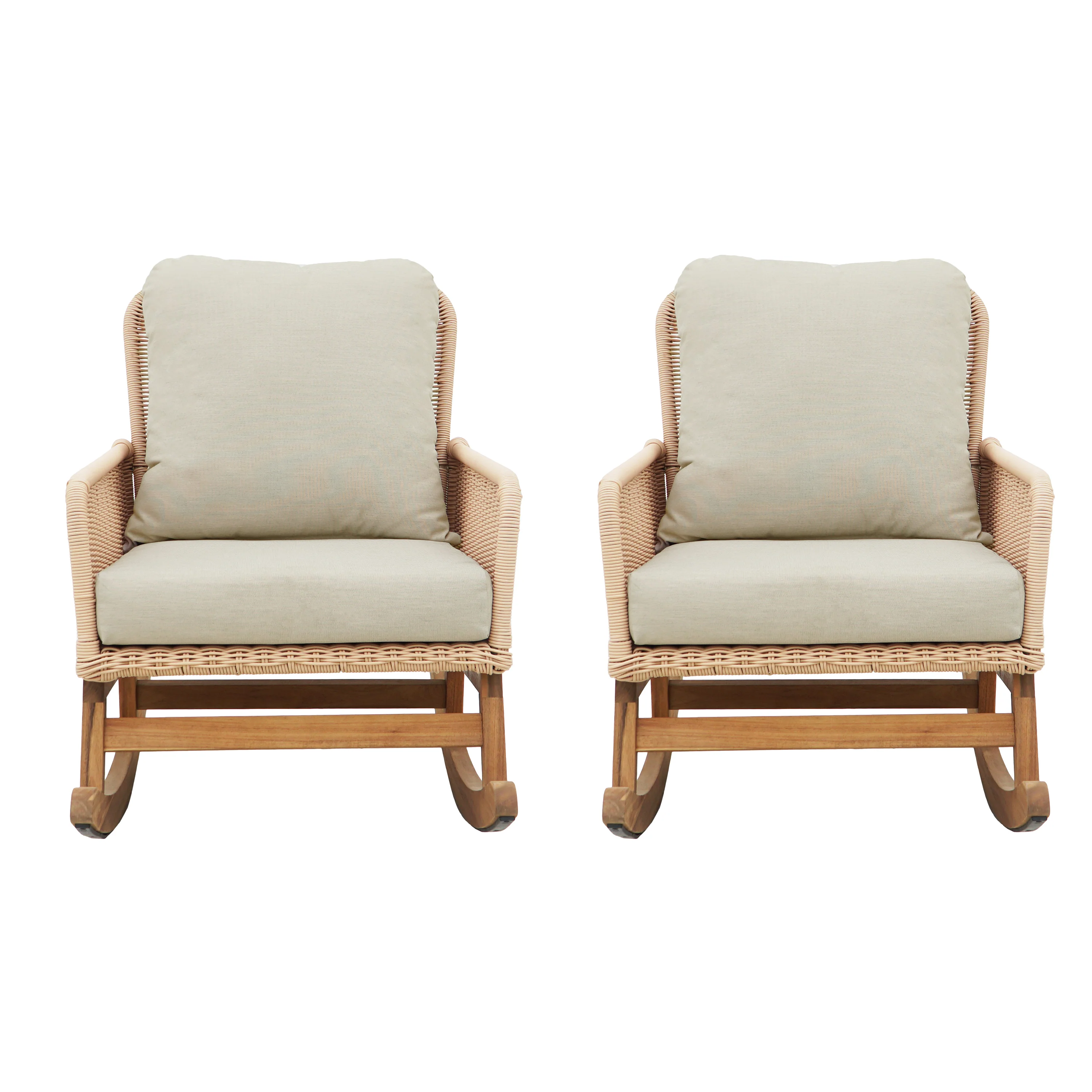 Walker Edison | Contemporary Minimalist Beige Wicker Rocking Chair Set of 2 - Image 3