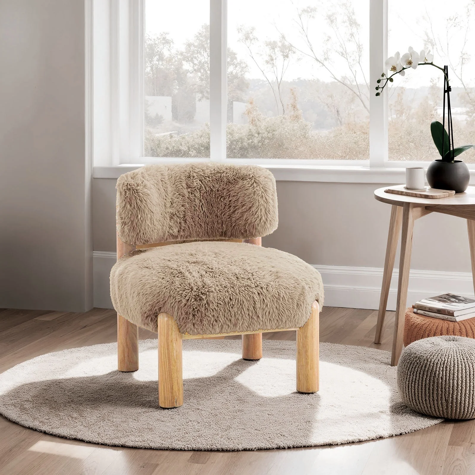 Contemporary Plush Fur Fabric Accent Chair with Wooden Legs - Image 3