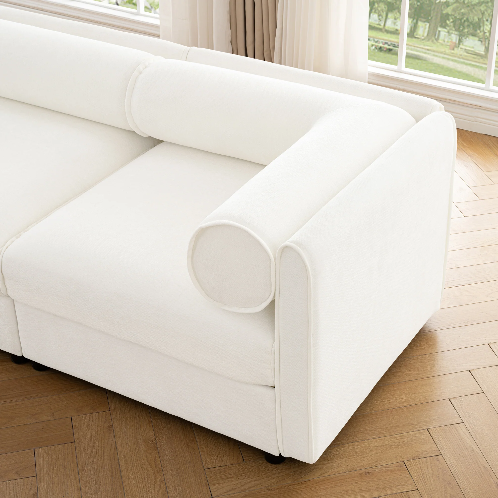 Walker Edison | Contemporary White Chenille L-Shaped Sofa with Storage and Ottoman - Image 18