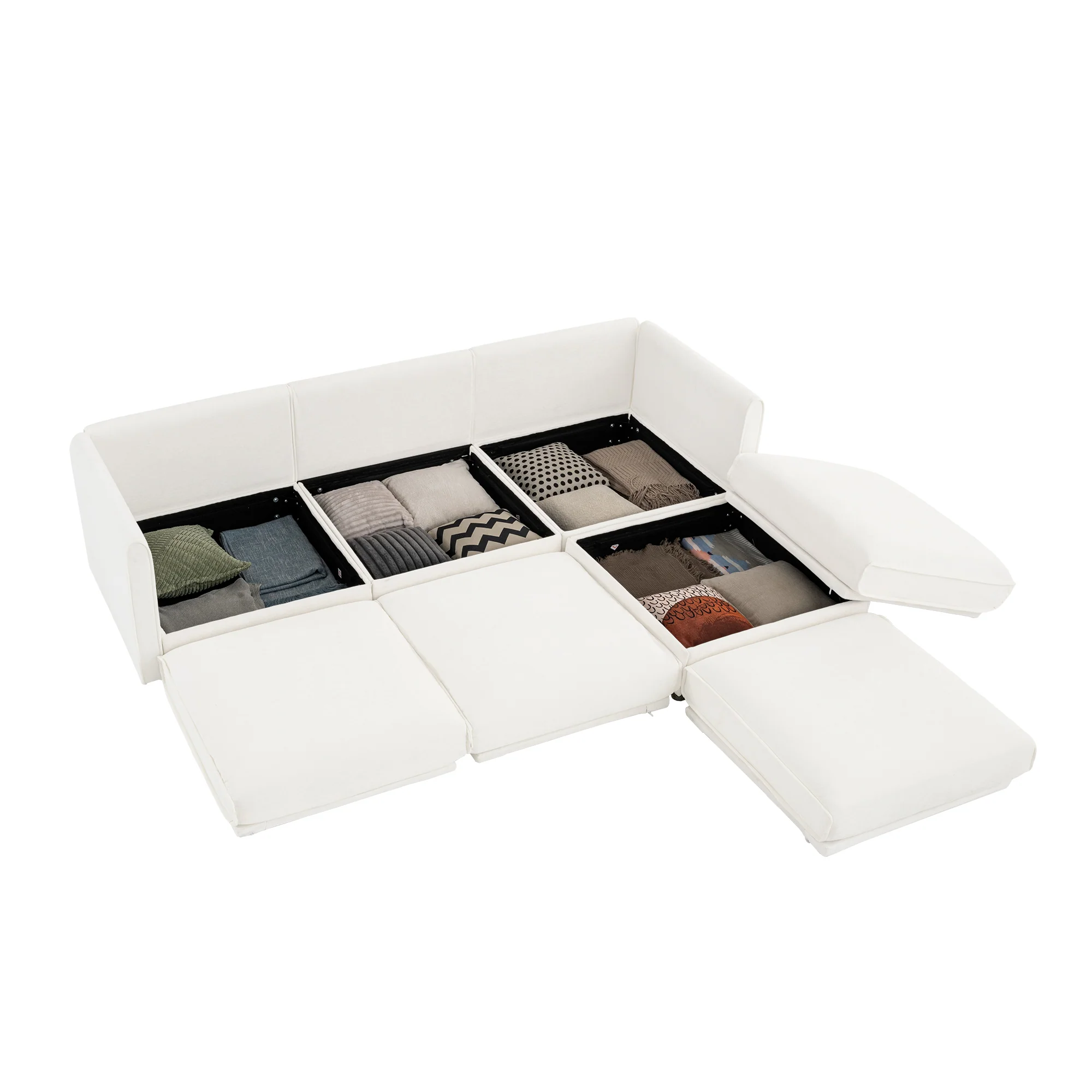 Walker Edison | Contemporary White Chenille L-Shaped Sofa with Storage and Ottoman - Image 8