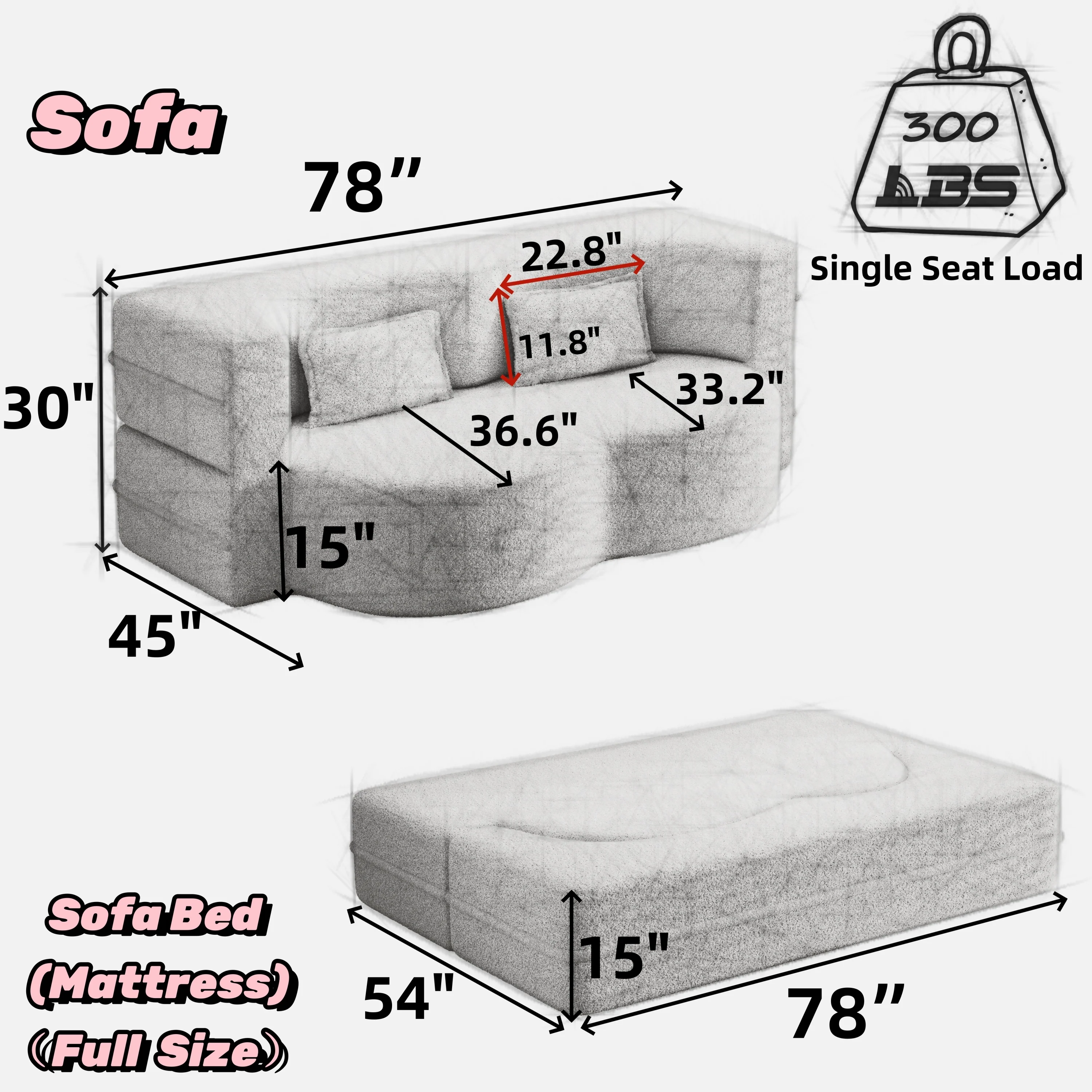 Walker Edison | Convertible Modern Teddy Floor Full Size Sofa Bed with Pillows - Image 3