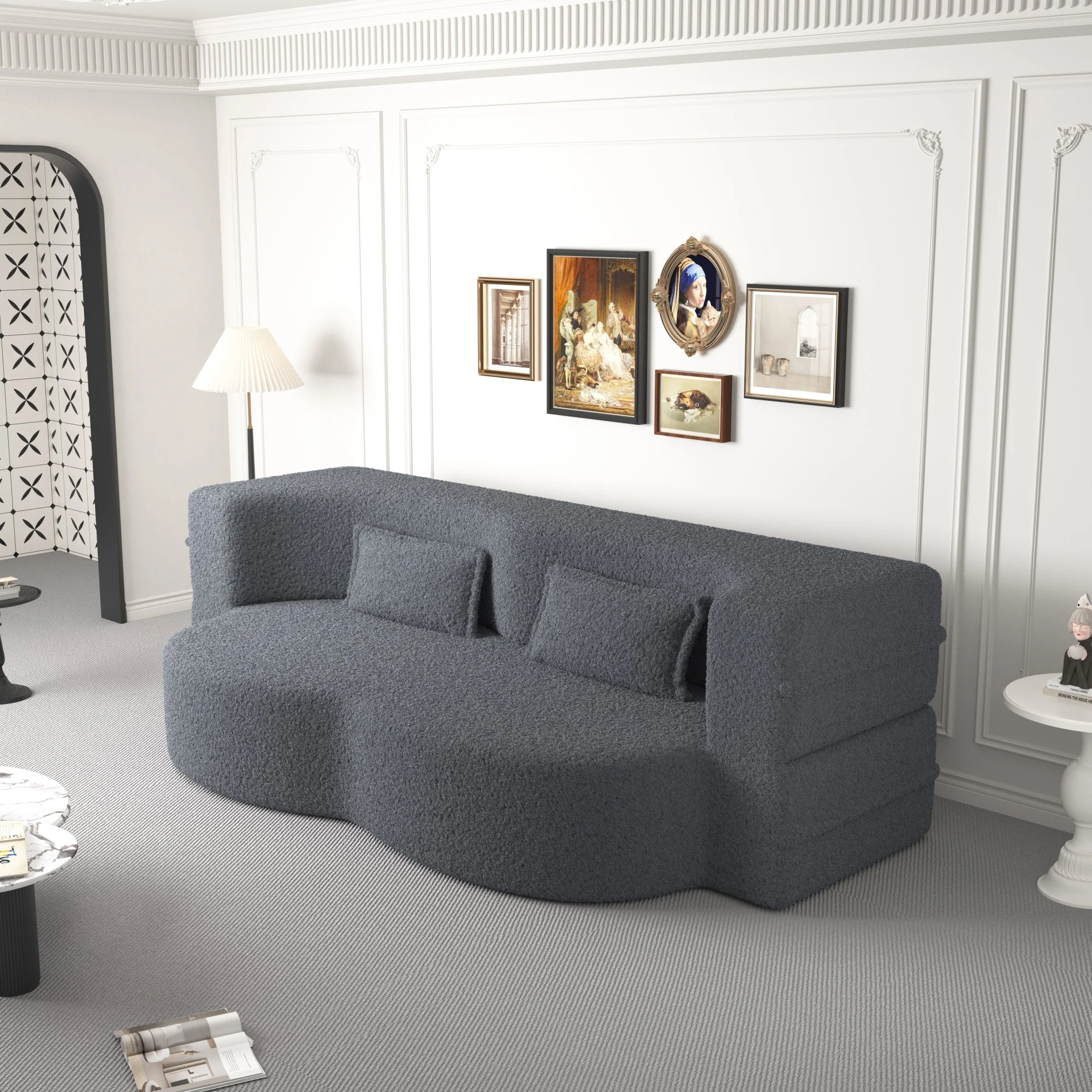 Walker Edison | Convertible Modern Teddy Floor Full Size Sofa Bed with Pillows - Image 6