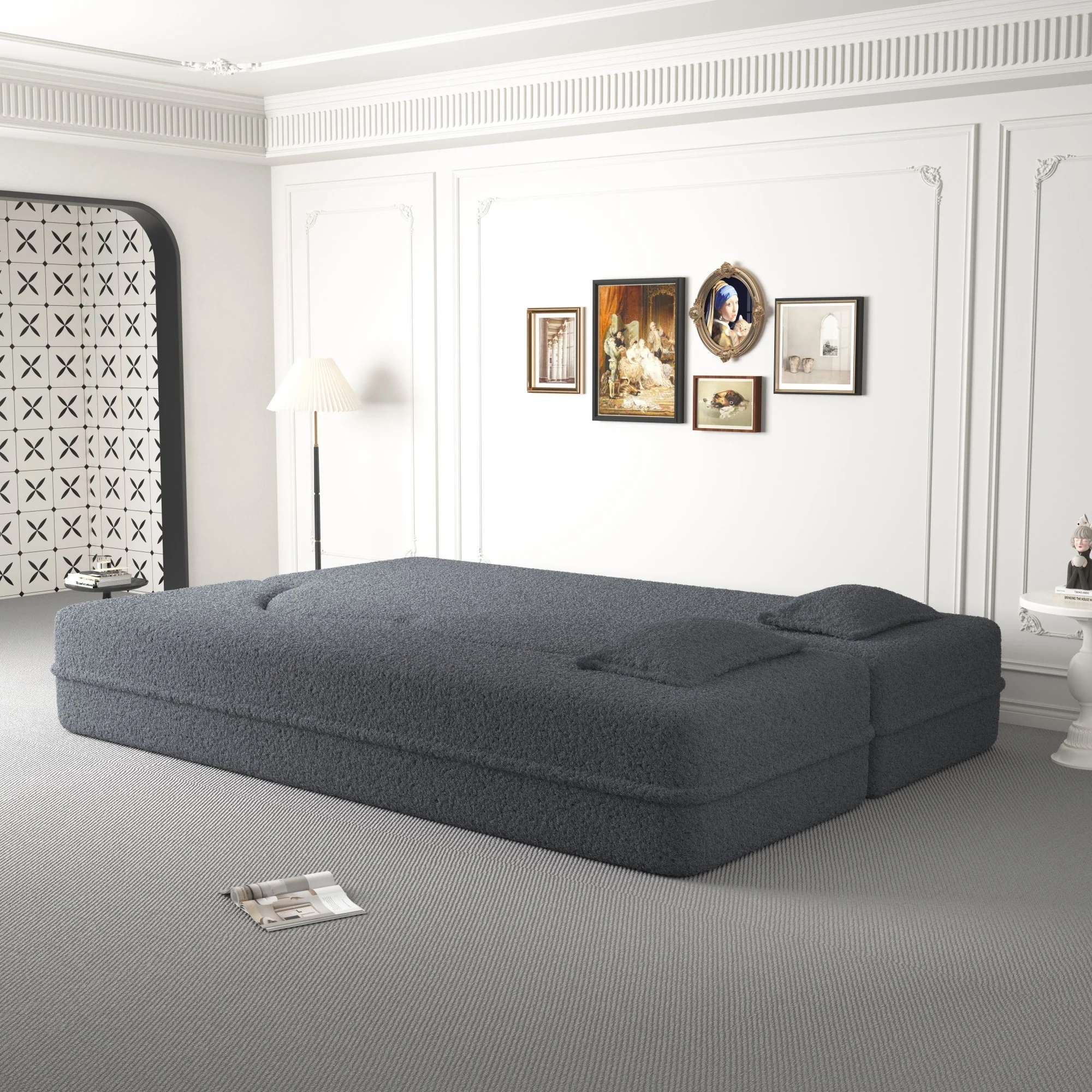 Walker Edison | Convertible Modern Teddy Floor Full Size Sofa Bed with Pillows - Image 8