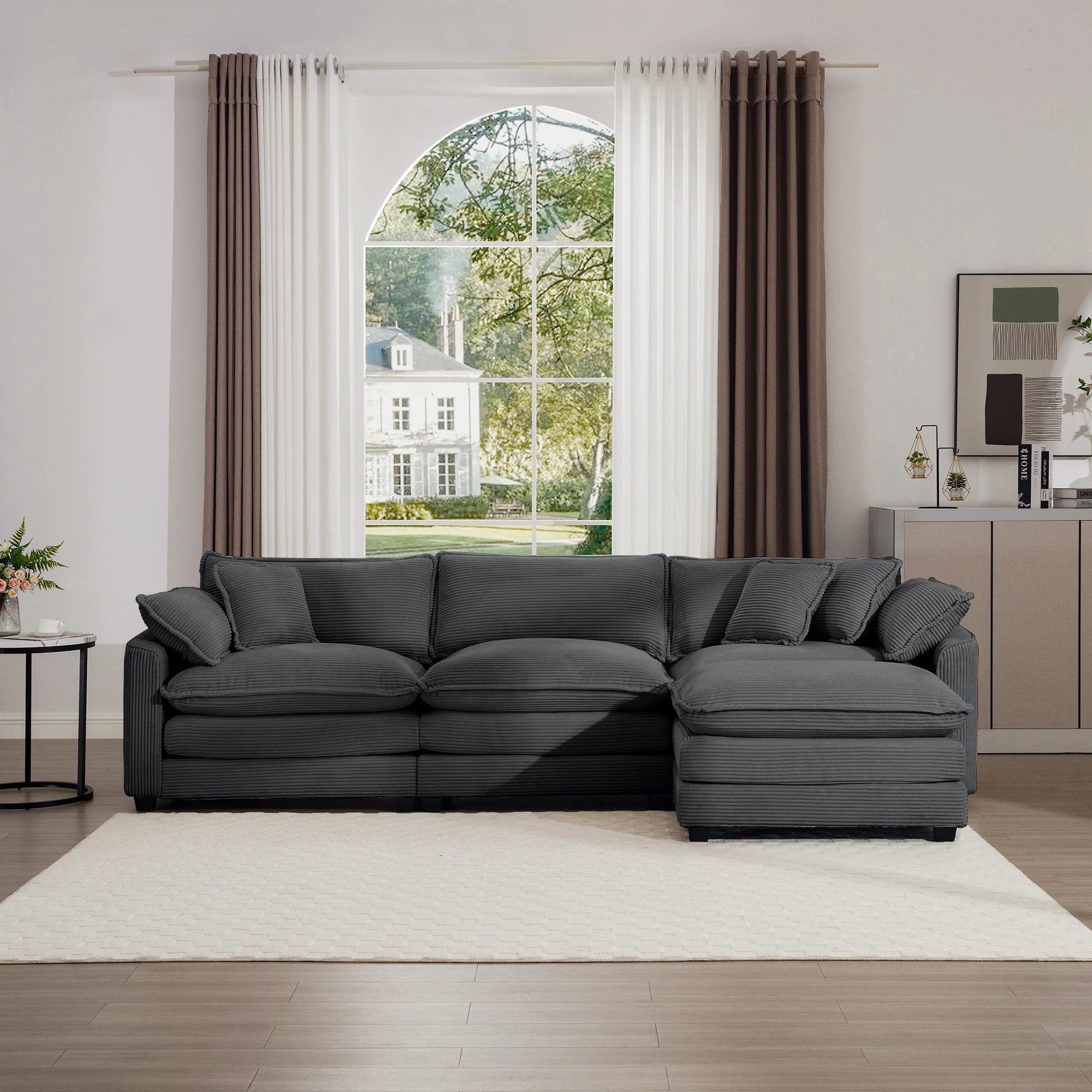 Walker Edison | Corduroy Cloud Plush Sectional Sofa with Ottoman - Image 2