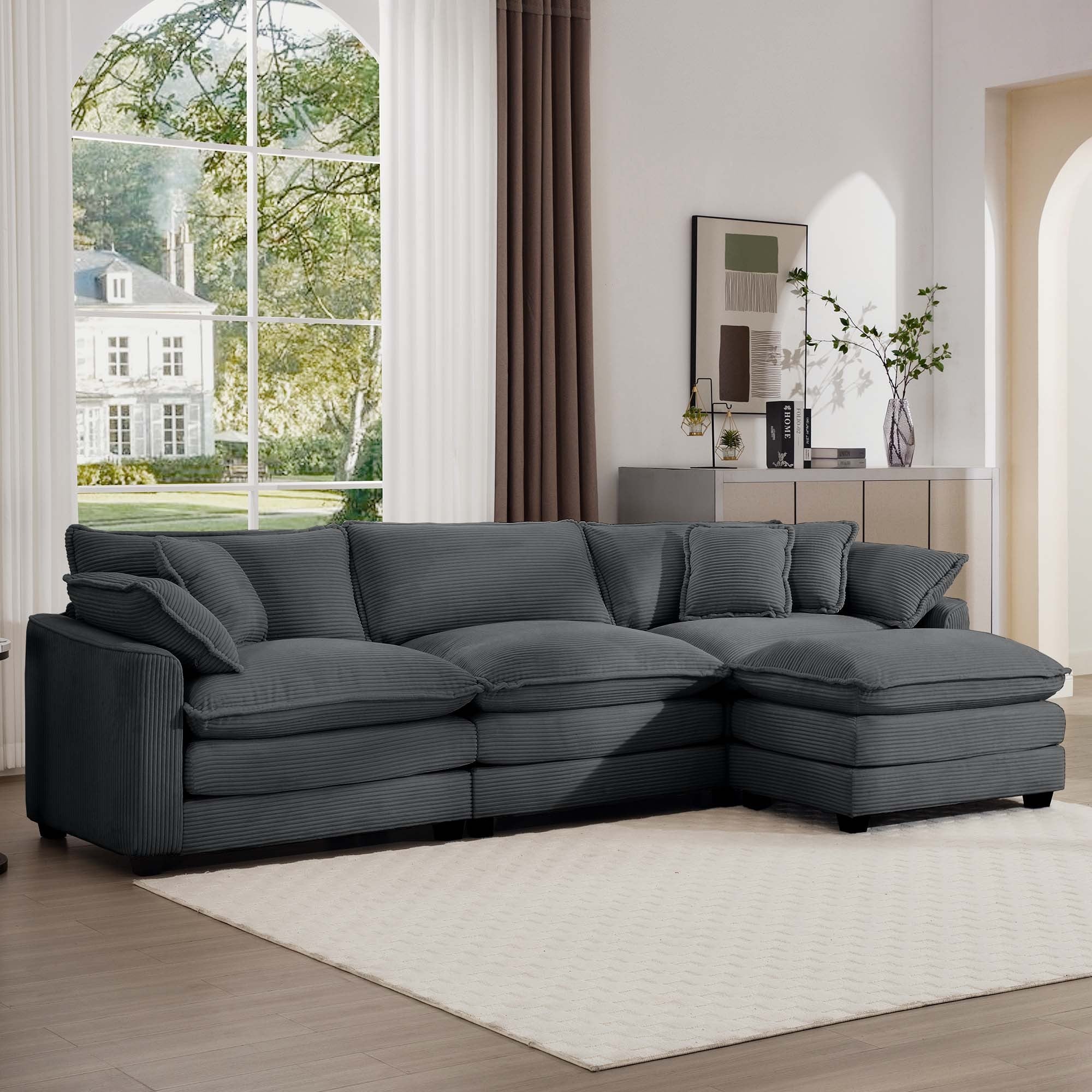 Walker Edison | Corduroy Cloud Plush Sectional Sofa with Ottoman - Image 3