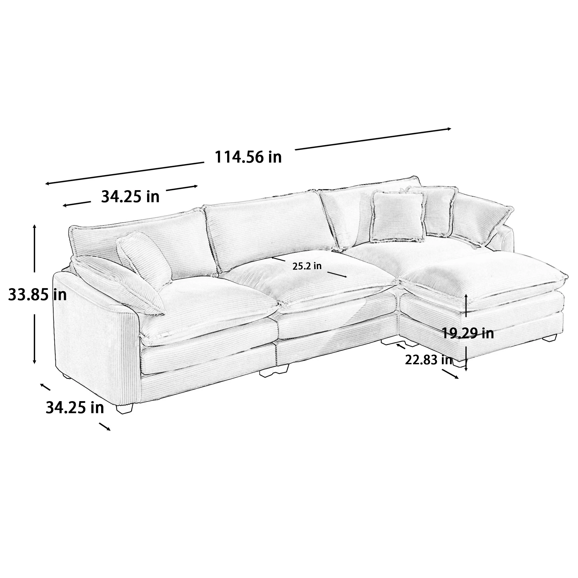 Walker Edison | Corduroy Cloud Plush Sectional Sofa with Ottoman - Image 4