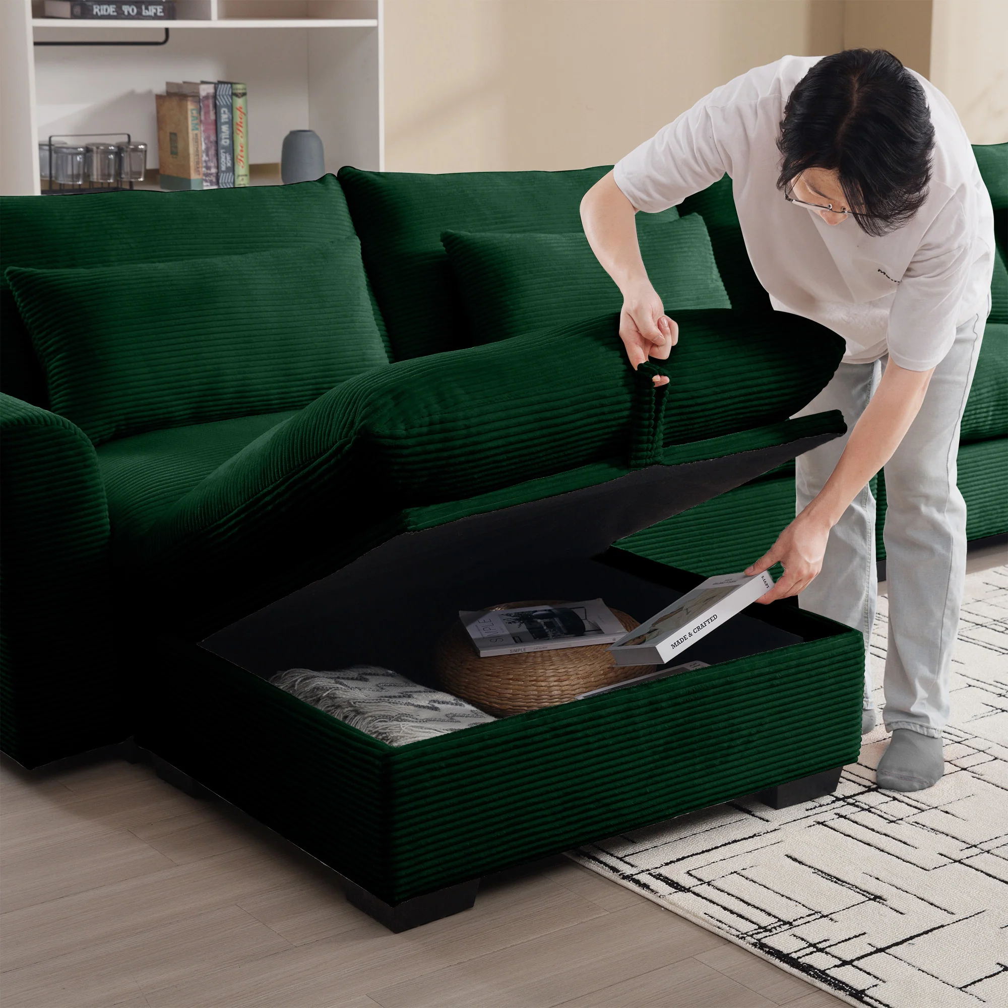 Walker Edison | Corduroy Sectional Sofa with Storage Ottoman - Image 12