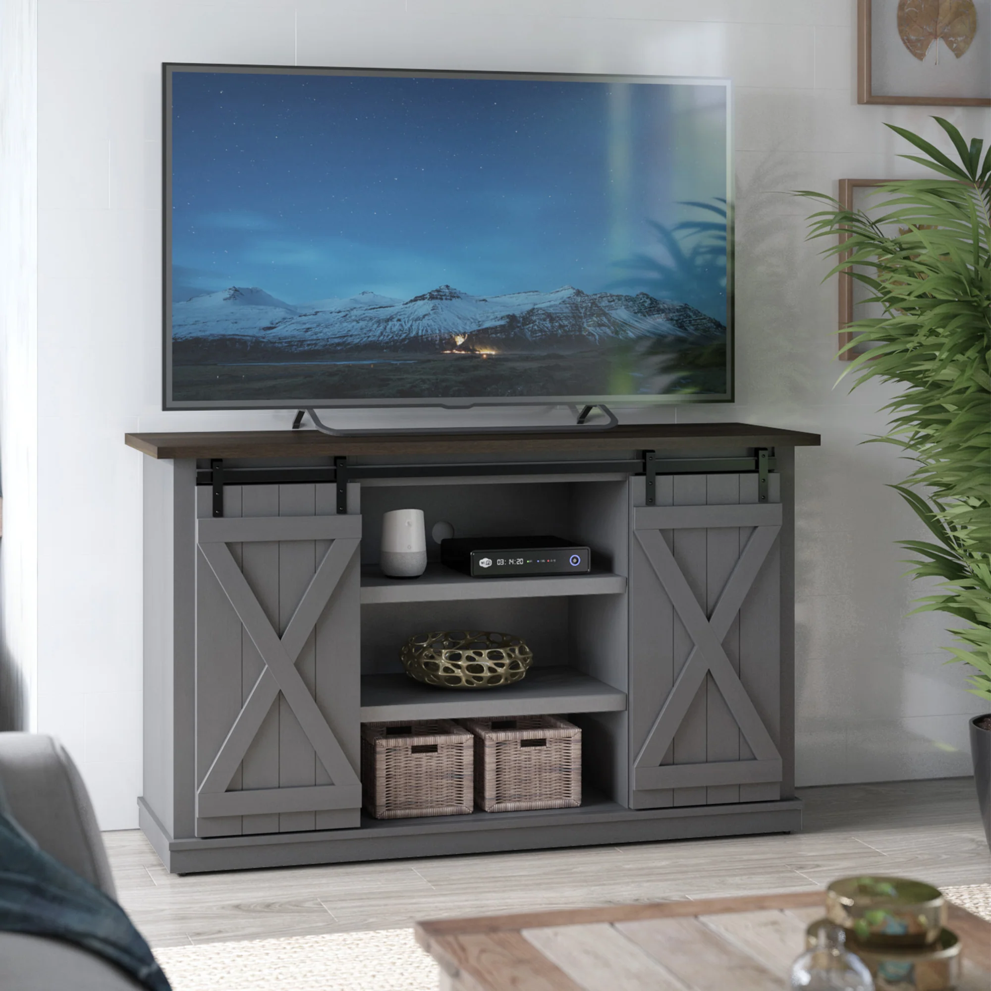 Farmhouse Sliding Barn Doors Cottonwood 54' TV Stand Media Console - Image 3