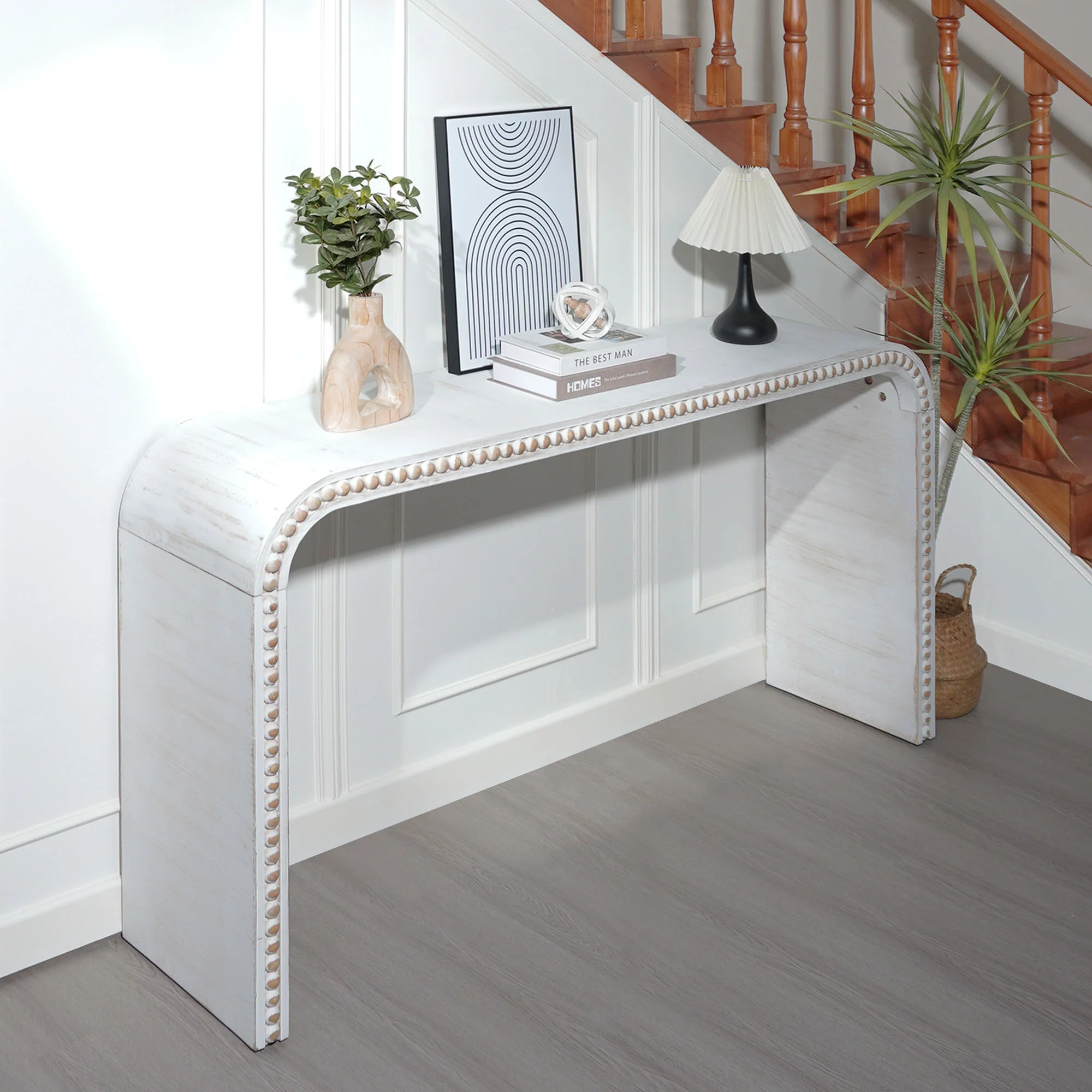 Walker Edison | Curve Design Washed White 59" Entryway Console Table - Image 3
