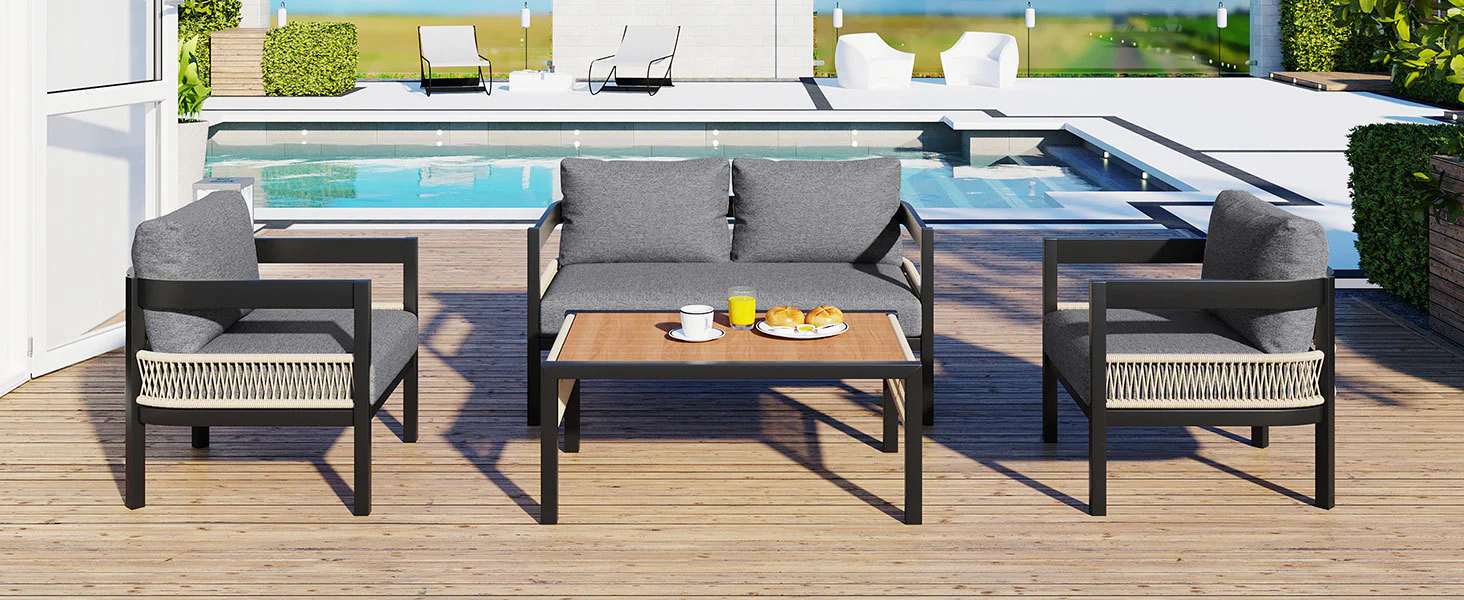 Curve Iron Outdoor Patio Loveseat Sofa Set with Table - Image 4