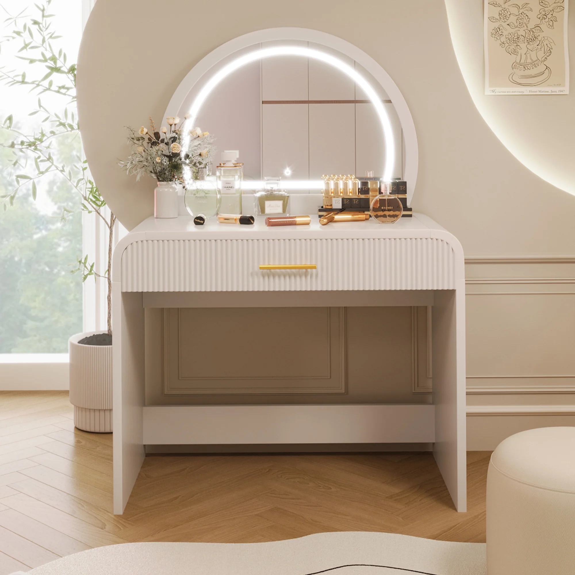 Walker Edison | Curve Reeded Makeup Vanity Table with Mirror Touch Screen Light