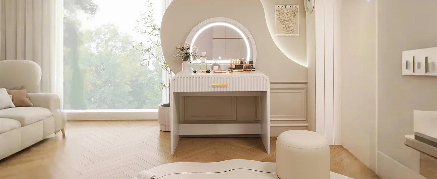 Walker Edison | Curve Reeded Makeup Vanity Table with Mirror Touch Screen Light - Image 10