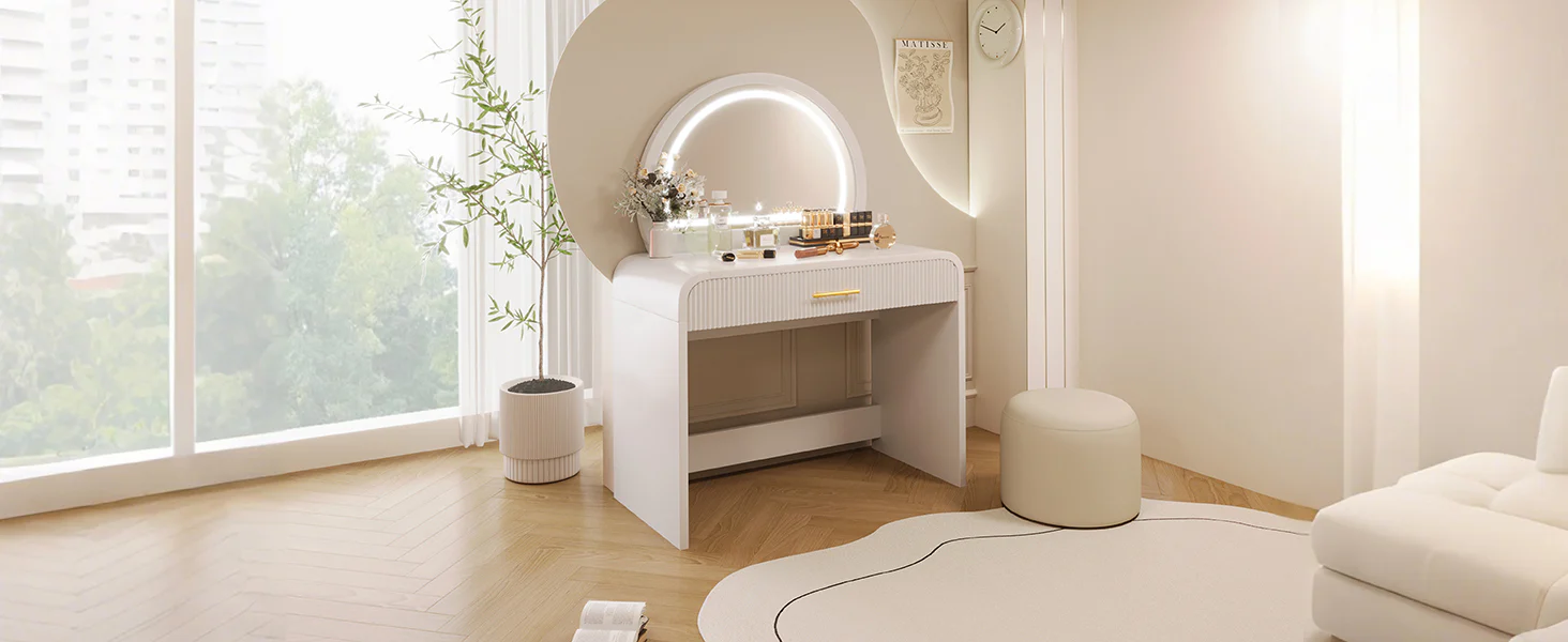 Walker Edison | Curve Reeded Makeup Vanity Table with Mirror Touch Screen Light - Image 11