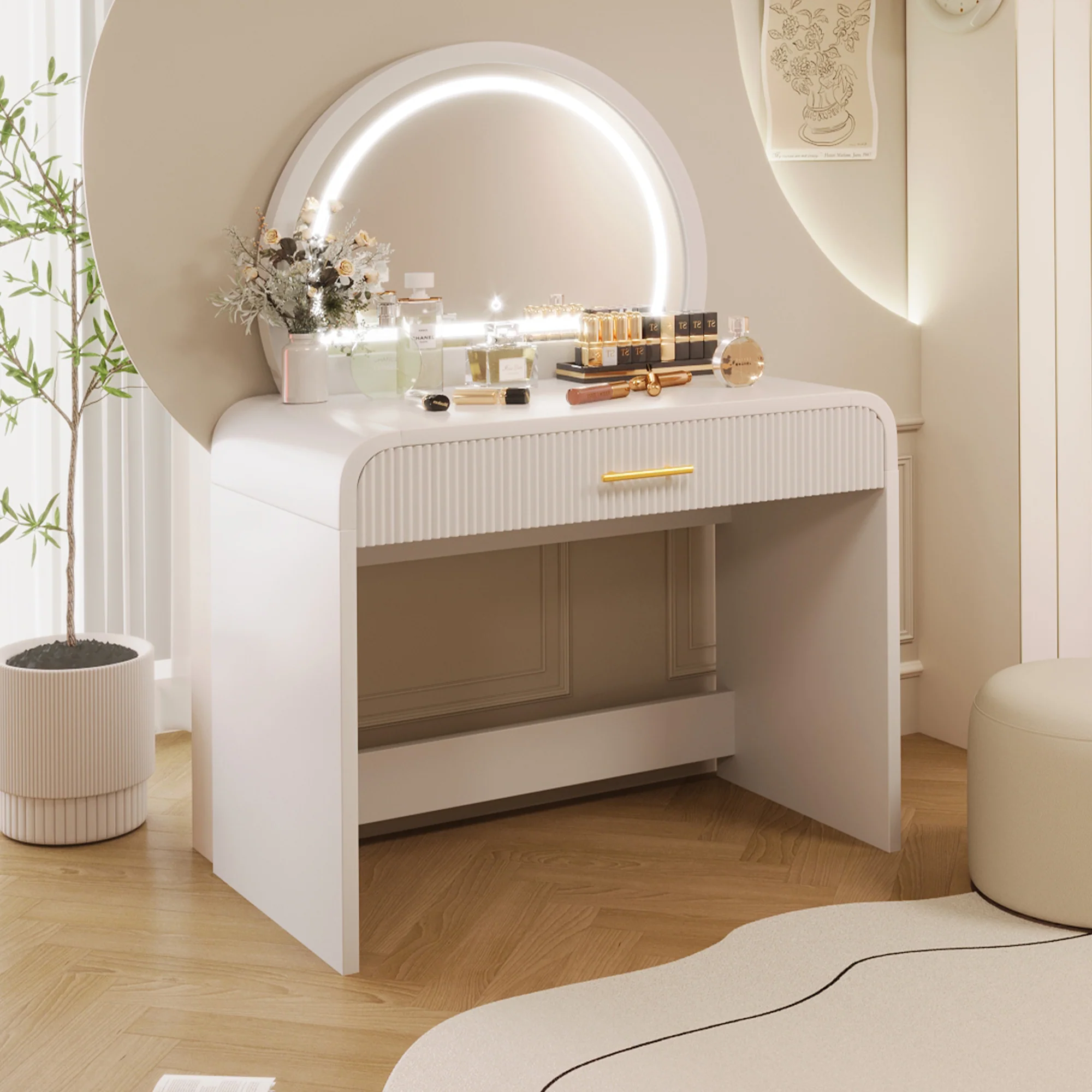 Walker Edison | Modern Reeded Curve Design Makeup Vanity Table - Image 2