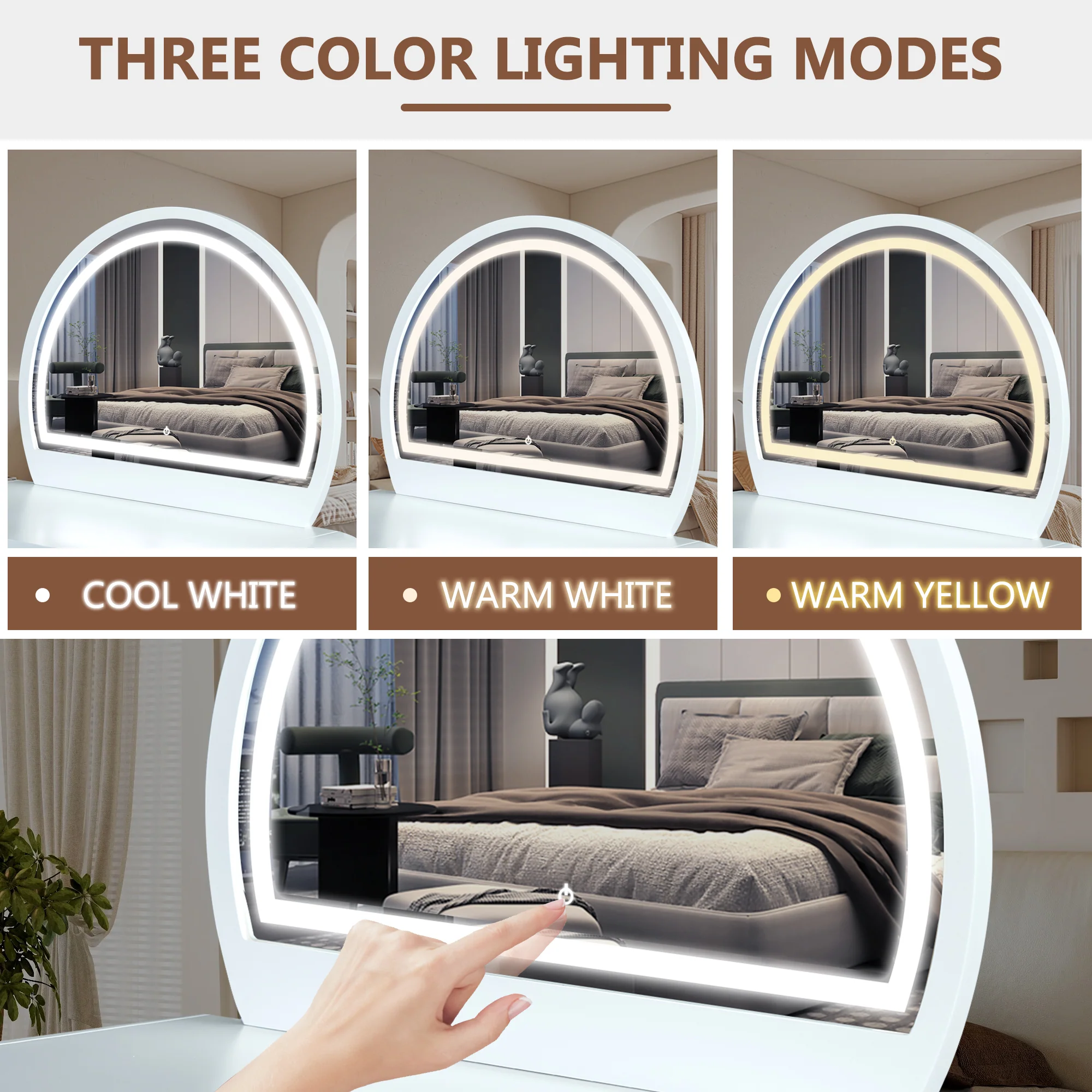 Walker Edison | Curve Reeded Makeup Vanity Table with Mirror Touch Screen Light - Image 3