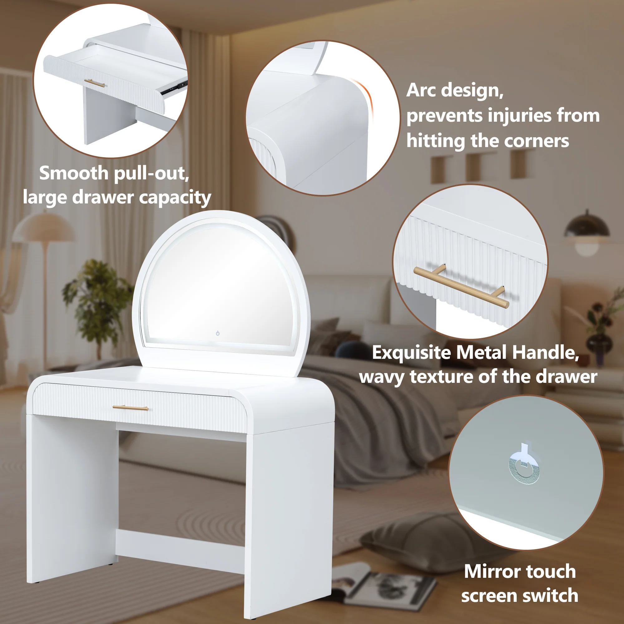 Walker Edison | Curve Reeded Makeup Vanity Table with Mirror Touch Screen Light - Image 5