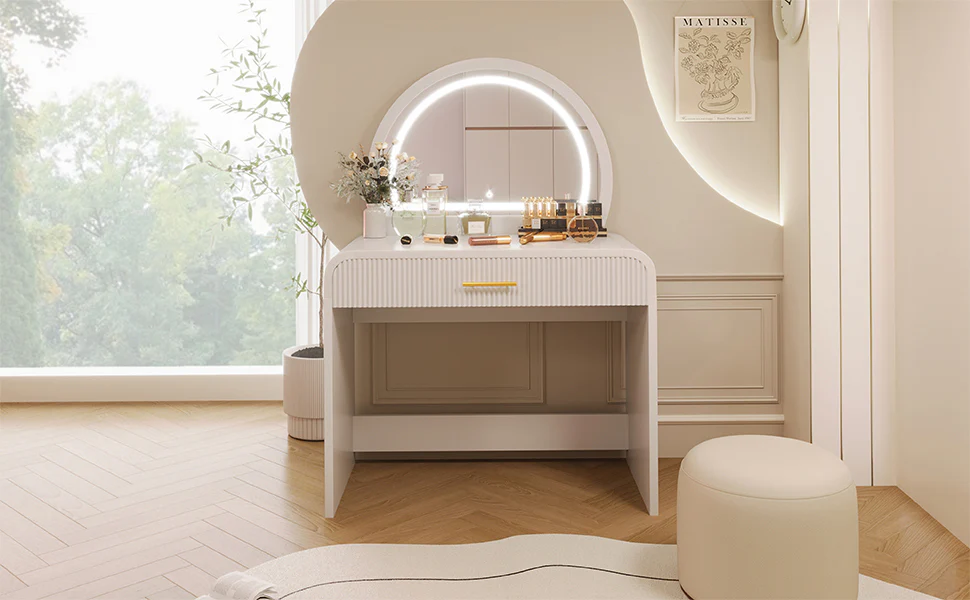 Walker Edison | Curve Reeded Makeup Vanity Table with Mirror Touch Screen Light - Image 8