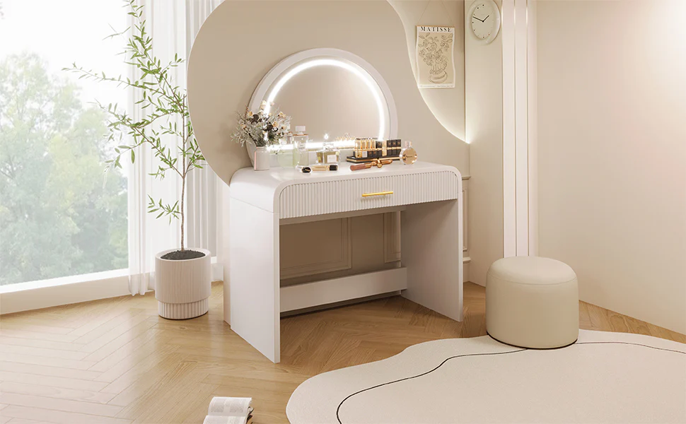 Walker Edison | Curve Reeded Makeup Vanity Table with Mirror Touch Screen Light - Image 9