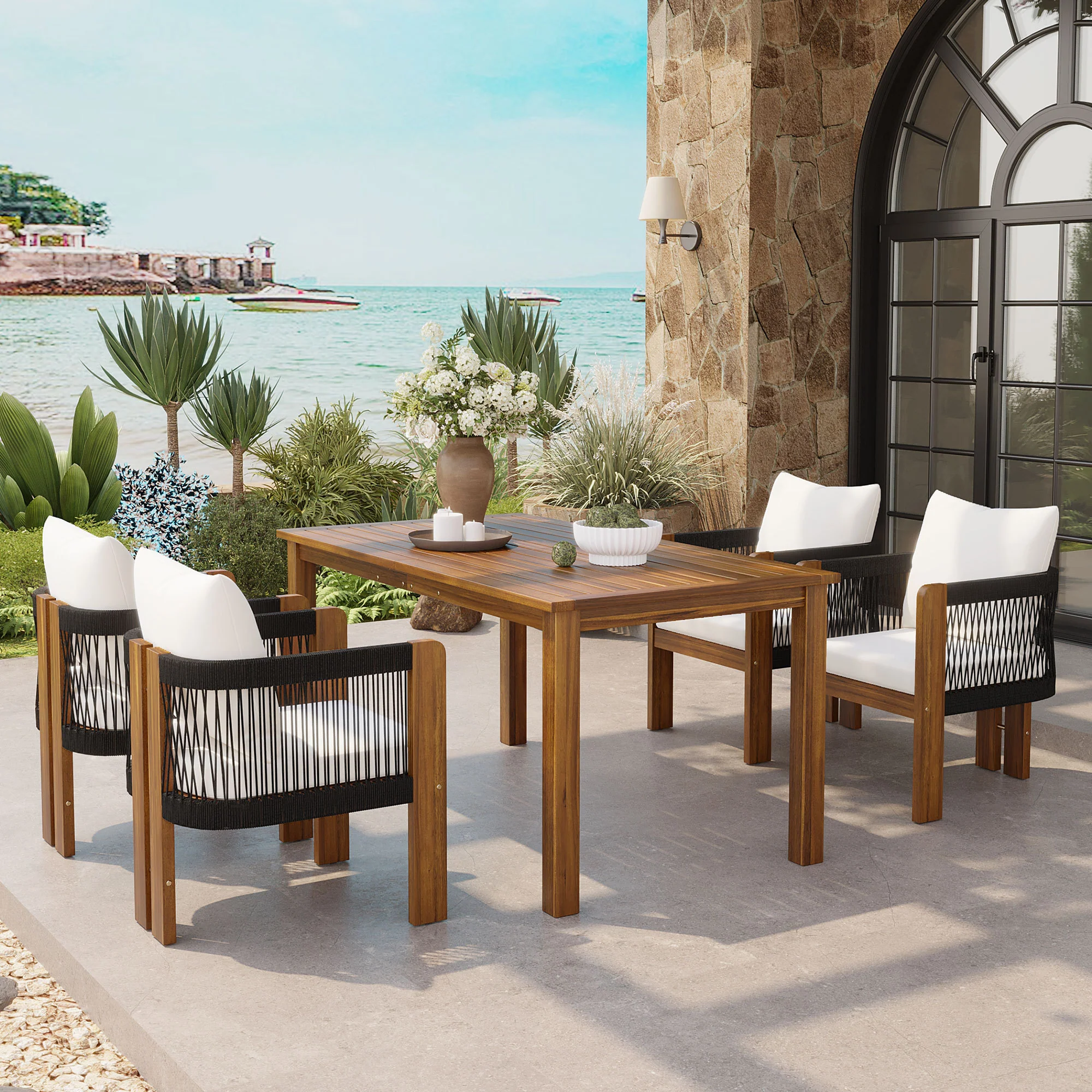 Curve Teak Wood Rope 5-Piece Outdoor Patio Dining Set for 4