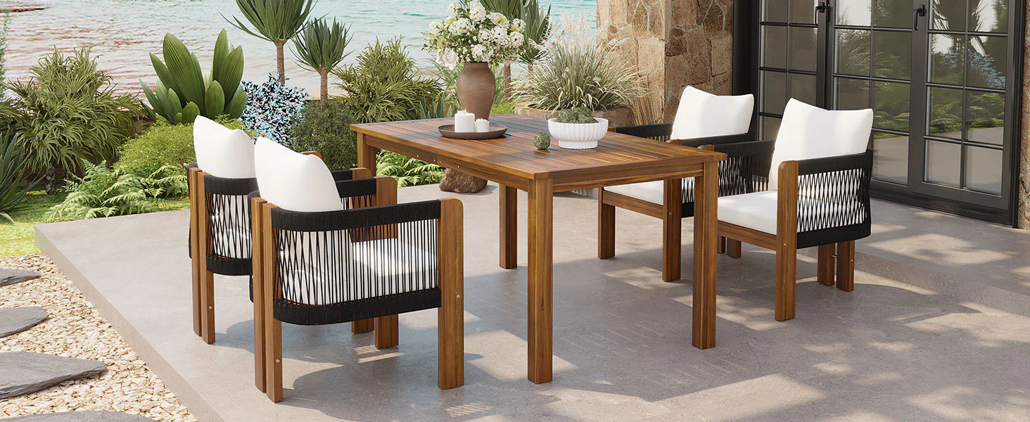 Curve Teak Wood Rope 5-Piece Outdoor Patio Dining Set for 4 - Image 10