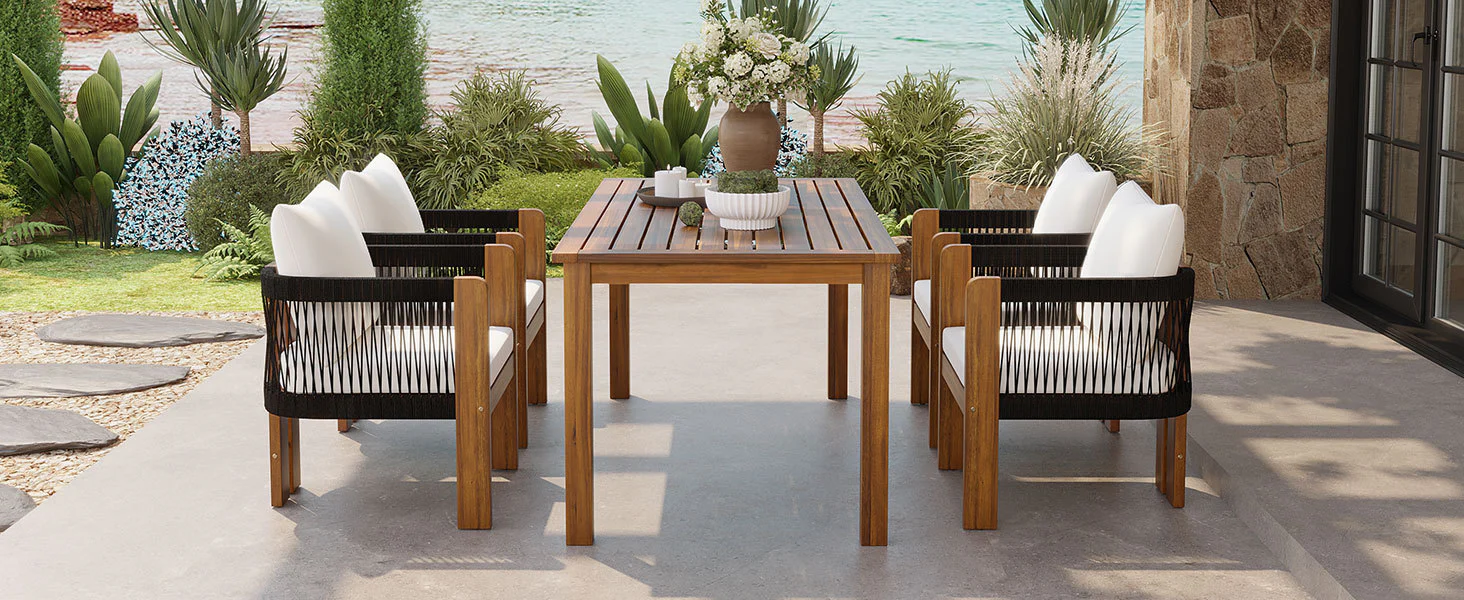 Curve Teak Wood Rope 5-Piece Outdoor Patio Dining Set for 4 - Image 11