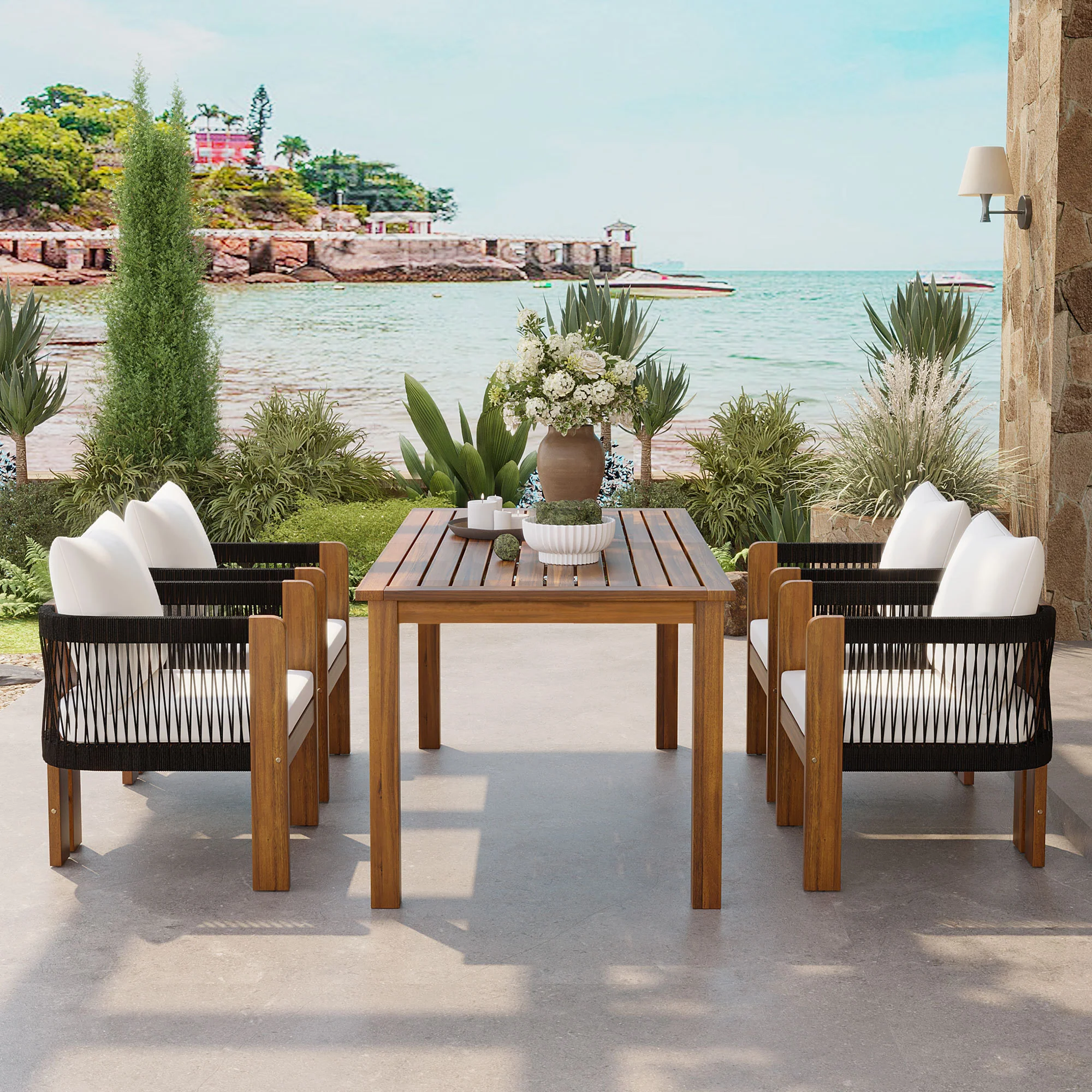 Curve Teak Wood Rope 5-Piece Outdoor Patio Dining Set for 4 - Image 2