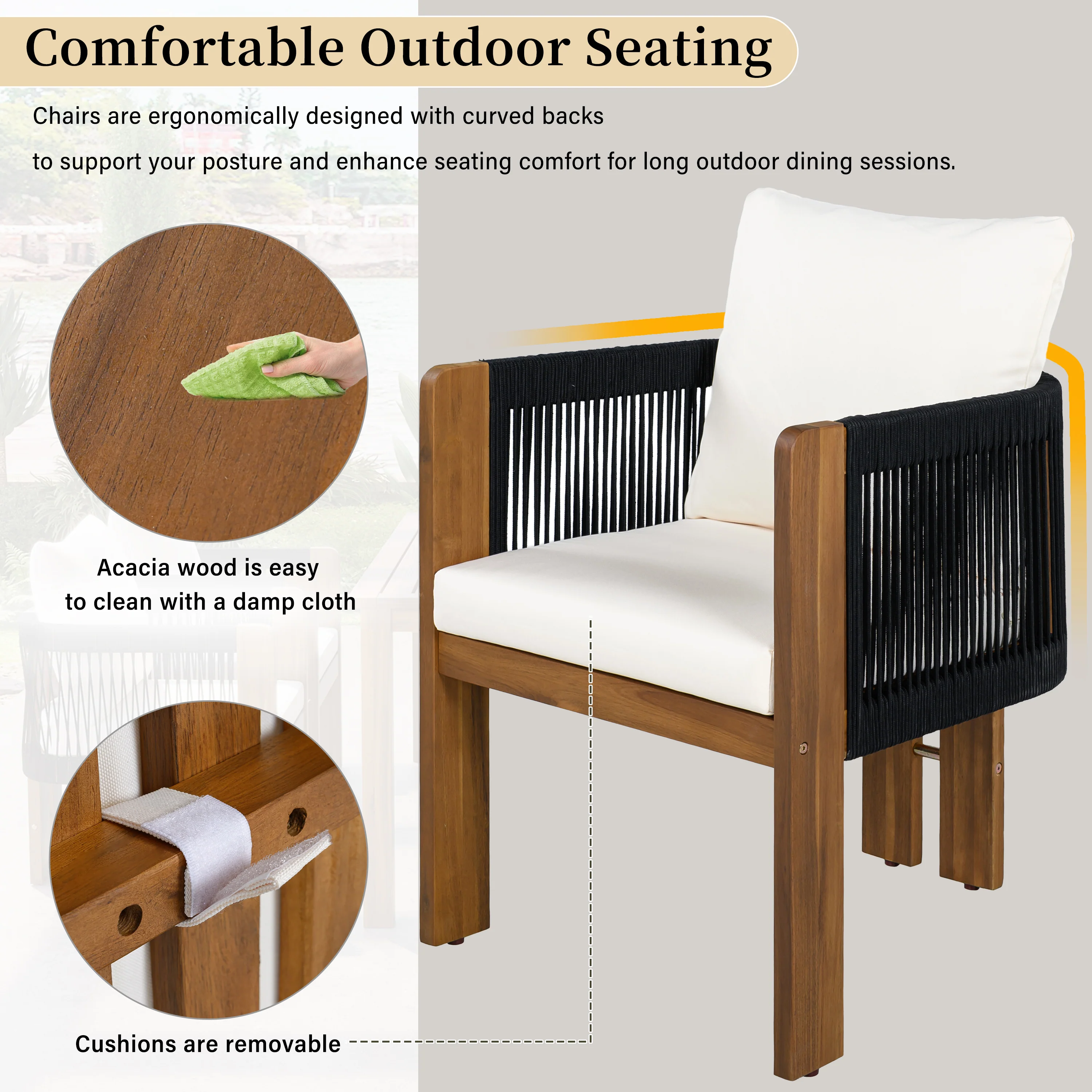 Curve Teak Wood Rope 5-Piece Outdoor Patio Dining Set for 4 - Image 7