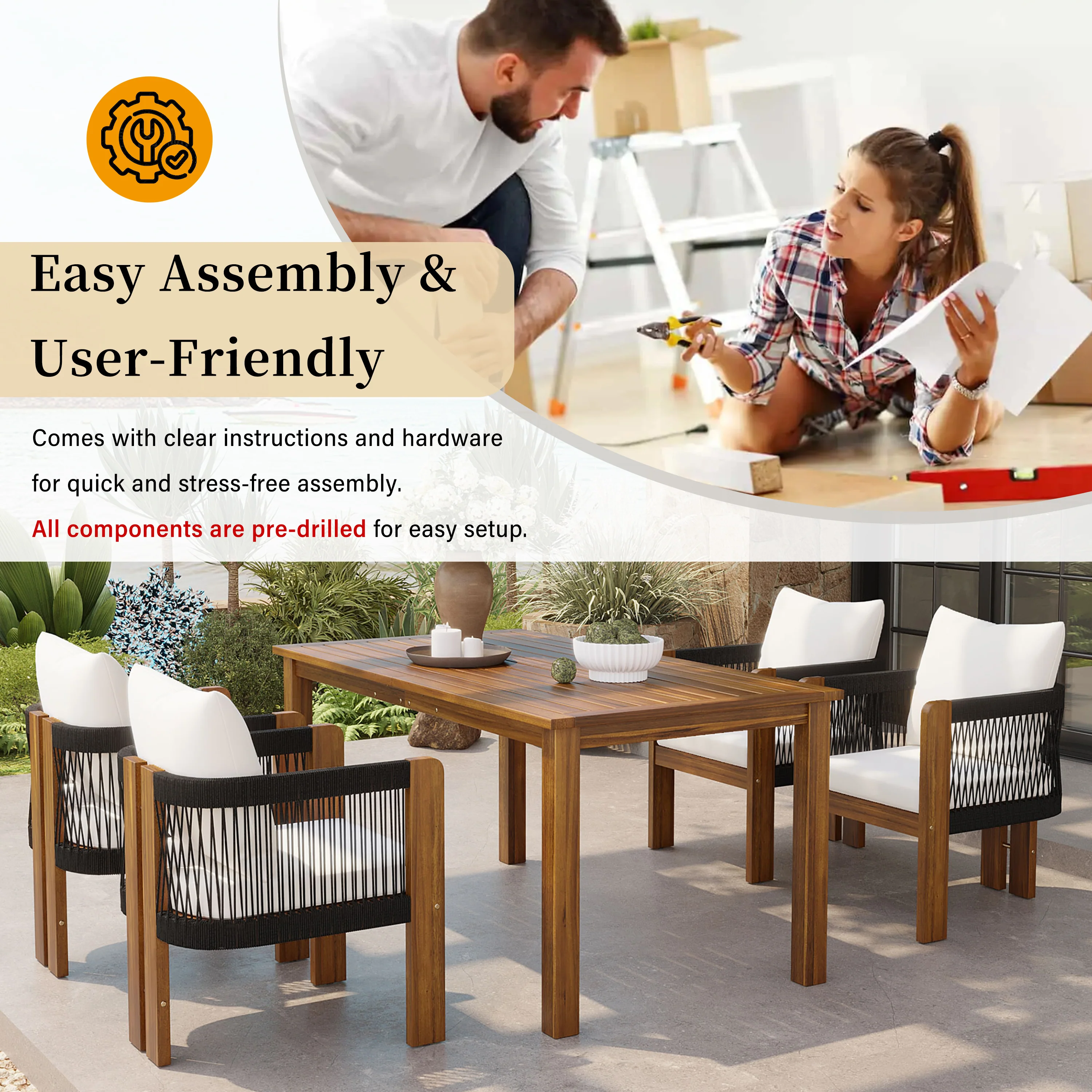 Curve Teak Wood Rope 5-Piece Outdoor Patio Dining Set for 4 - Image 8