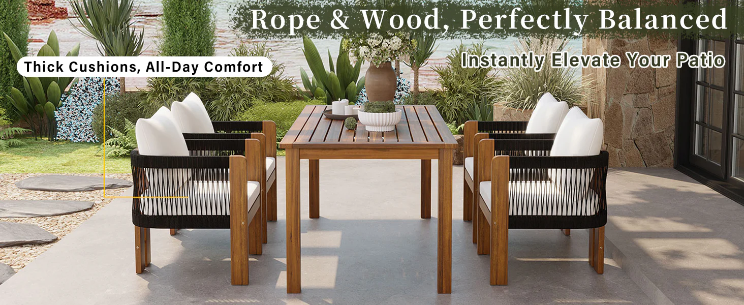 Curve Teak Wood Rope 5-Piece Outdoor Patio Dining Set for 4 - Image 9