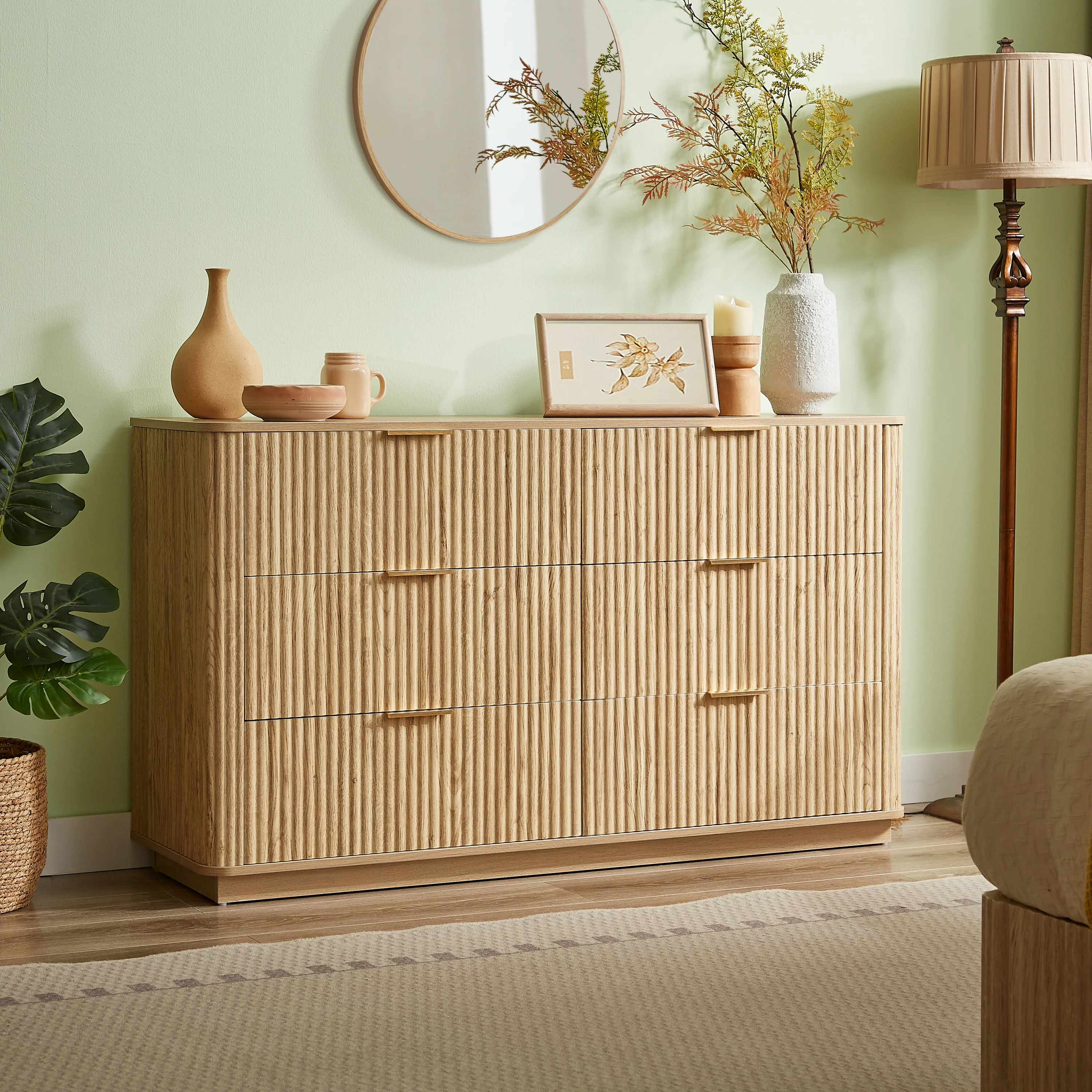 Curved wave Design Fluted 55' Wide Modern 6 Drawers Dresser