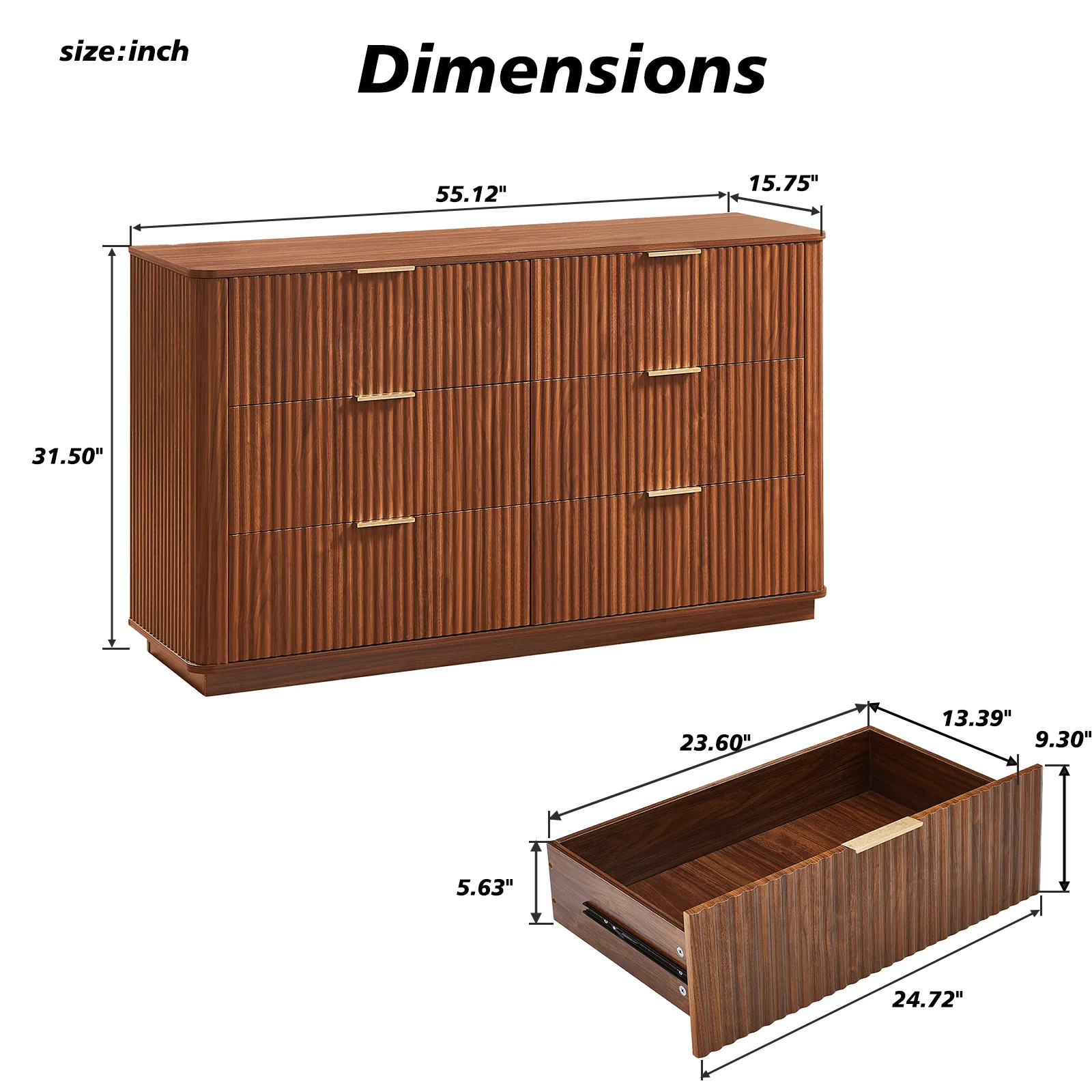 Curved wave Design Fluted 55' Wide Modern 6 Drawers Dresser - Image 21