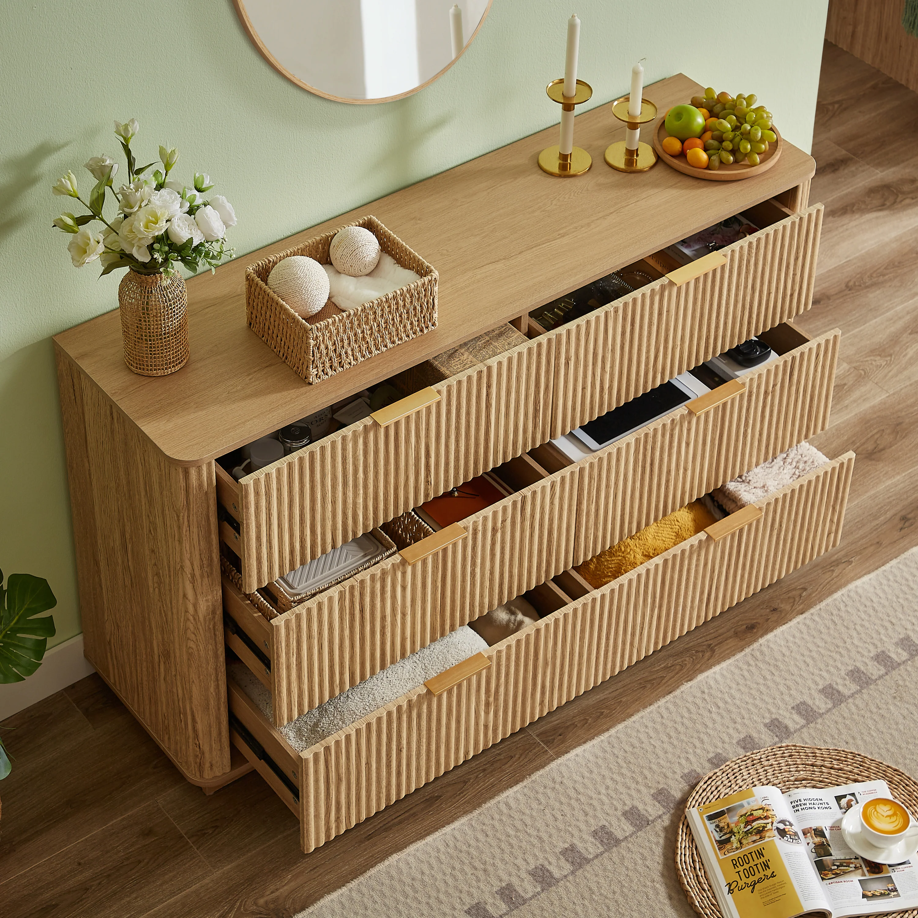 Curved wave Design Fluted 55' Wide Modern 6 Drawers Dresser - Image 3