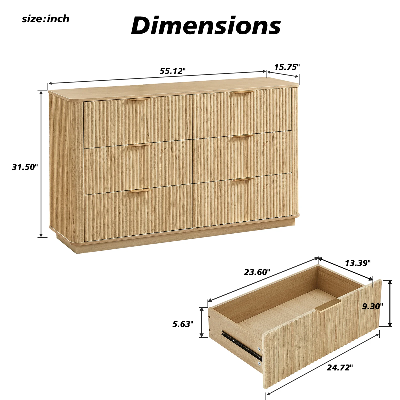 Curved wave Design Fluted 55' Wide Modern 6 Drawers Dresser - Image 6