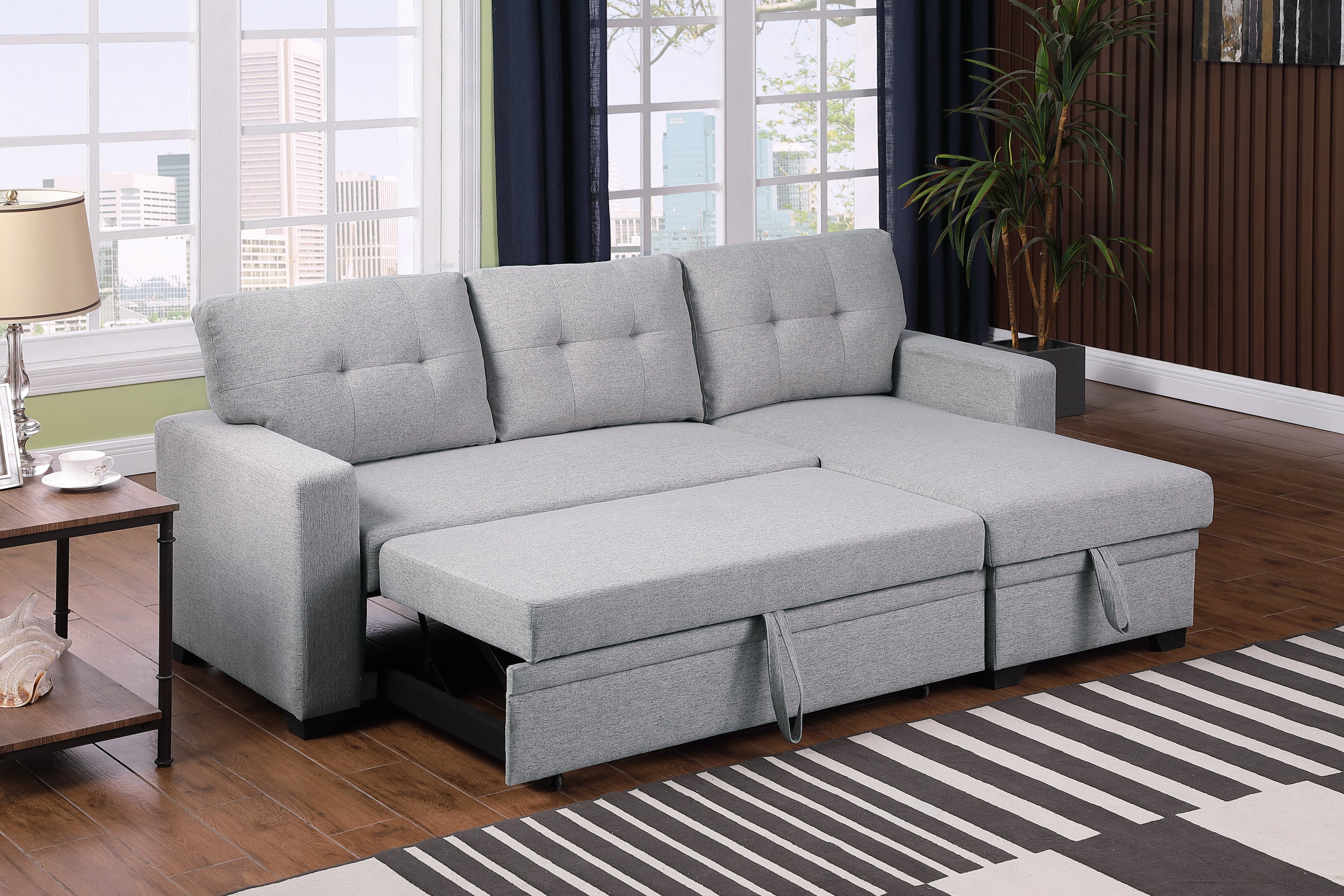 Walker Edison | Linen Pull Out Sectional Sofa with Storage Chaise - Image 2