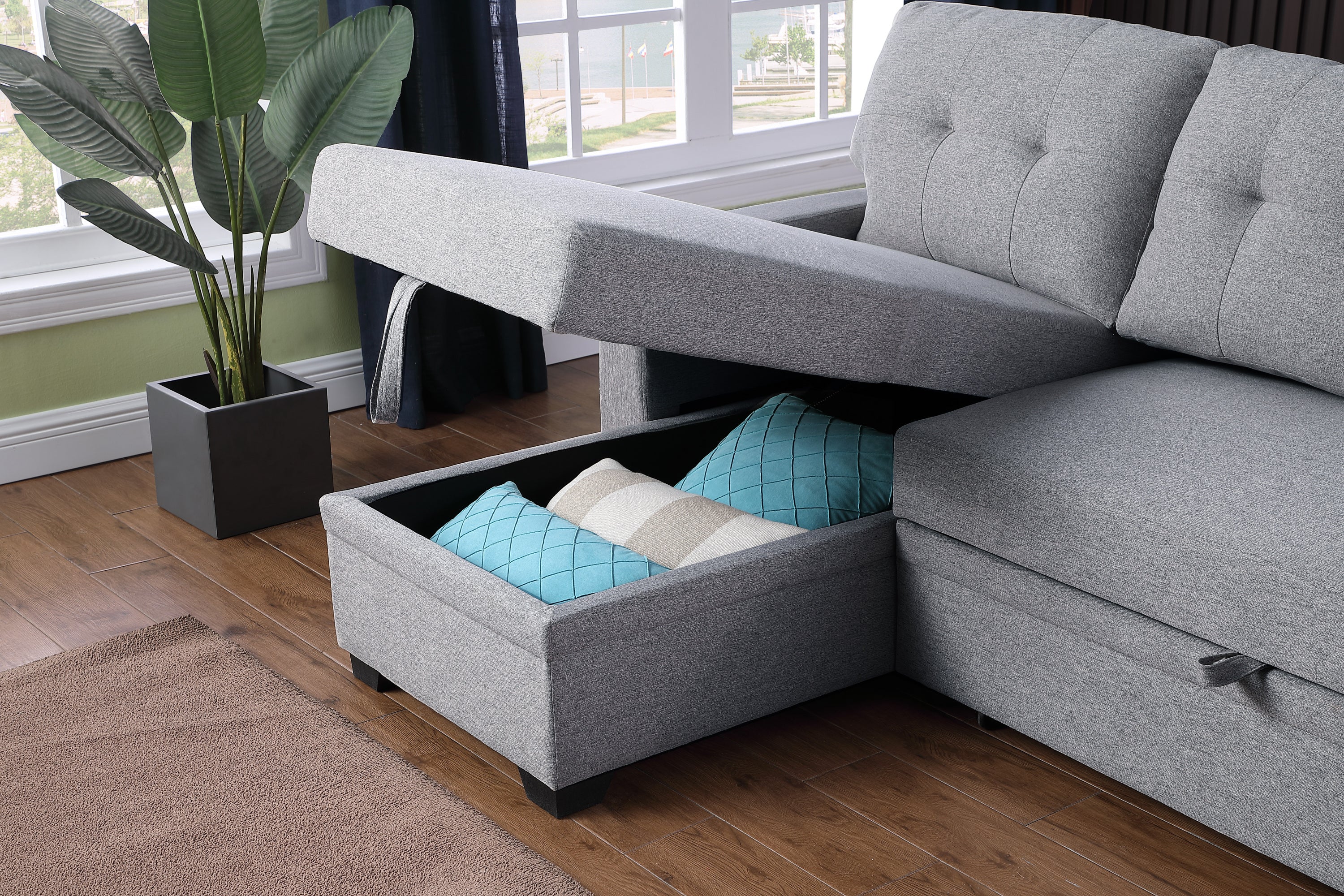 Walker Edison | Linen Pull Out Sectional Sofa with Storage Chaise - Image 5