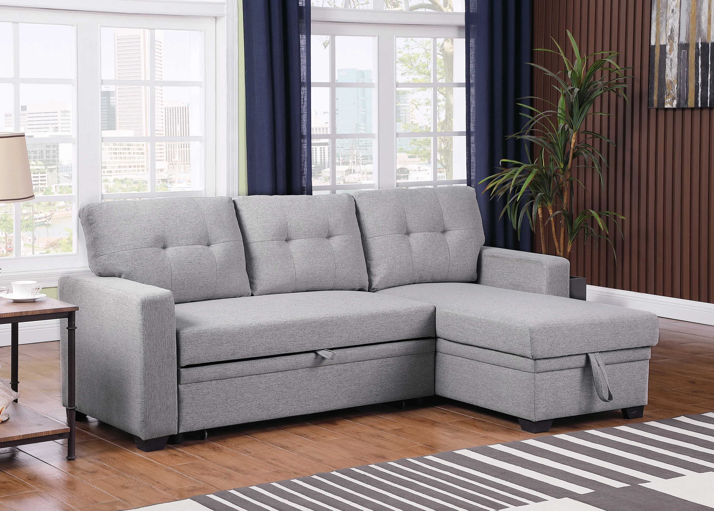 Walker Edison | Linen Pull Out Sectional Sofa with Storage Chaise - Image 6