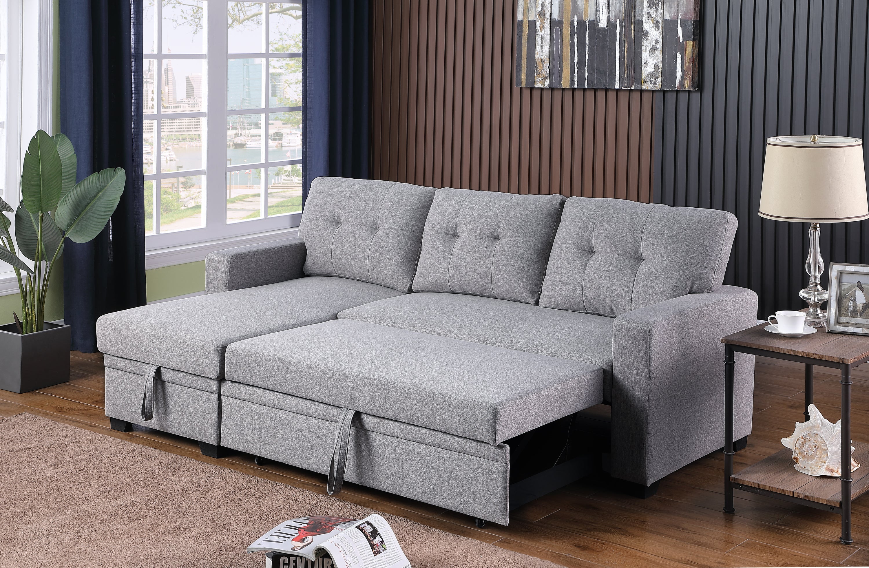 Walker Edison | Linen Pull Out Sectional Sofa with Storage Chaise - Image 9