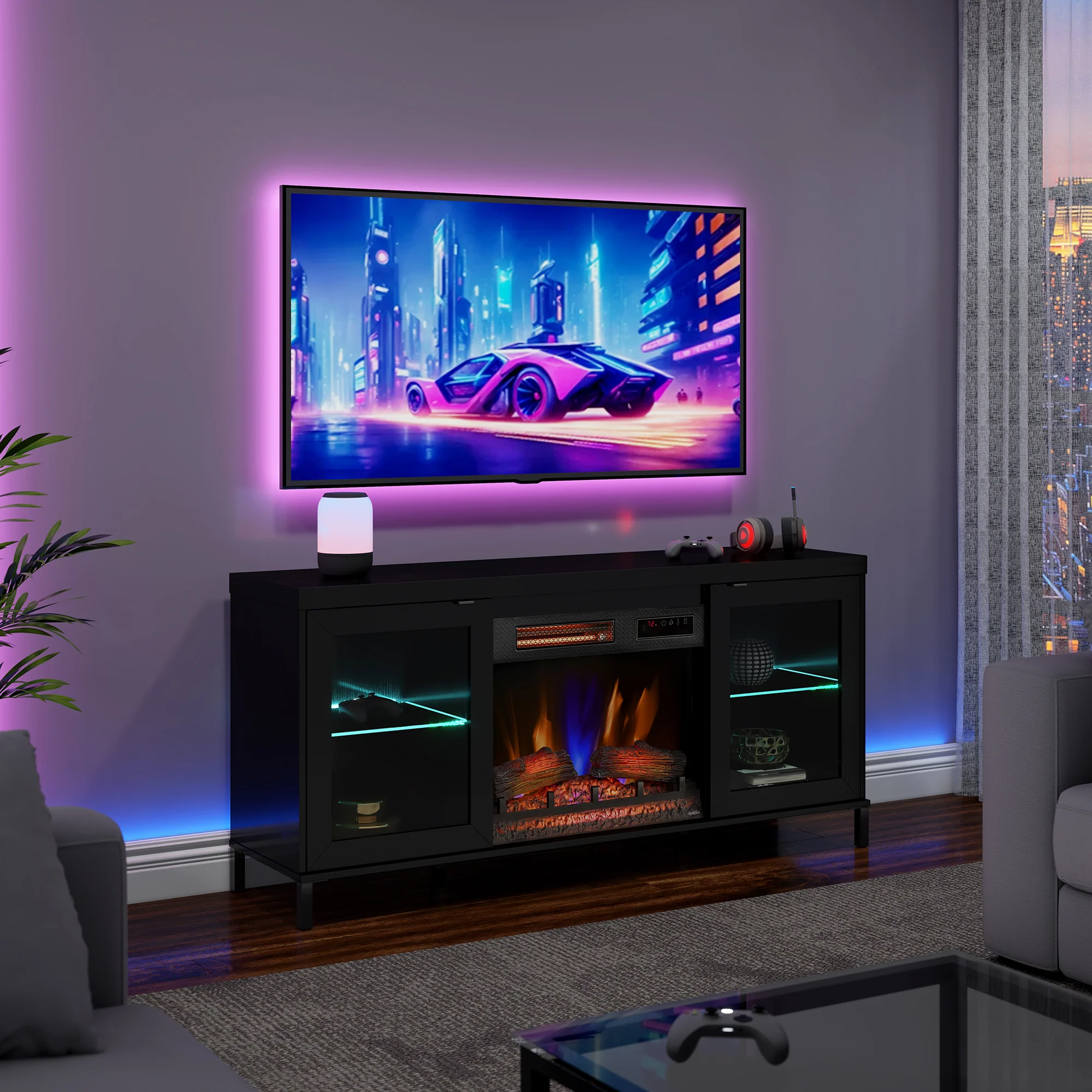 duraflame® Electric Fireplace TV Stand with Modern LED Lights and Storage - Image 4