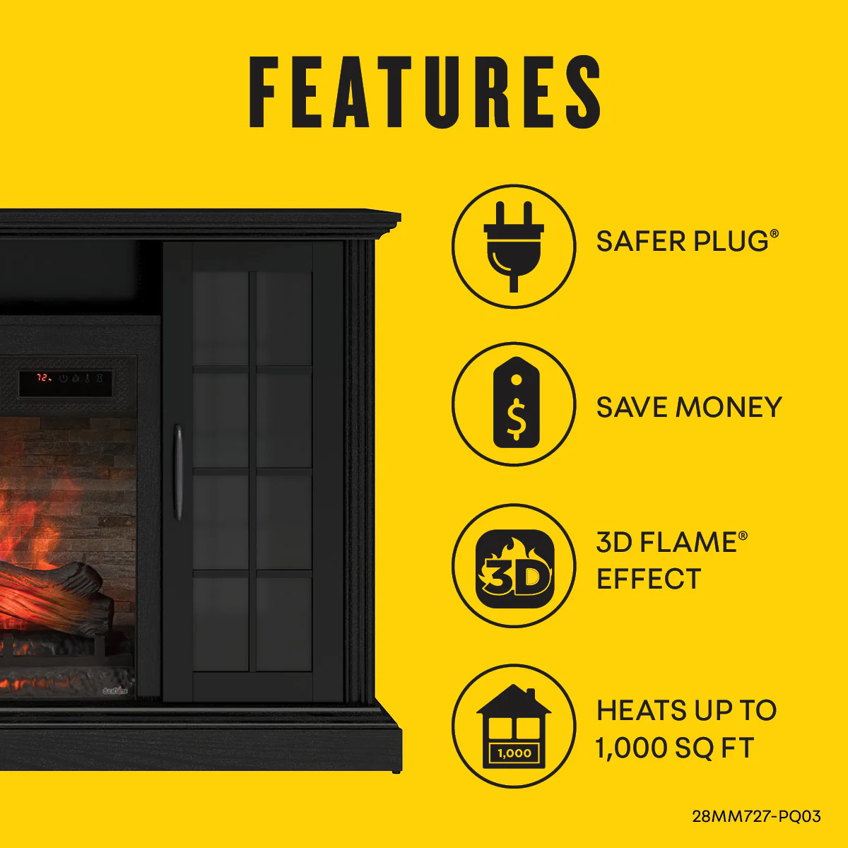 duraflame® Windowpane Glass Door Electric Fireplace TV Stand Media Console - Image 3