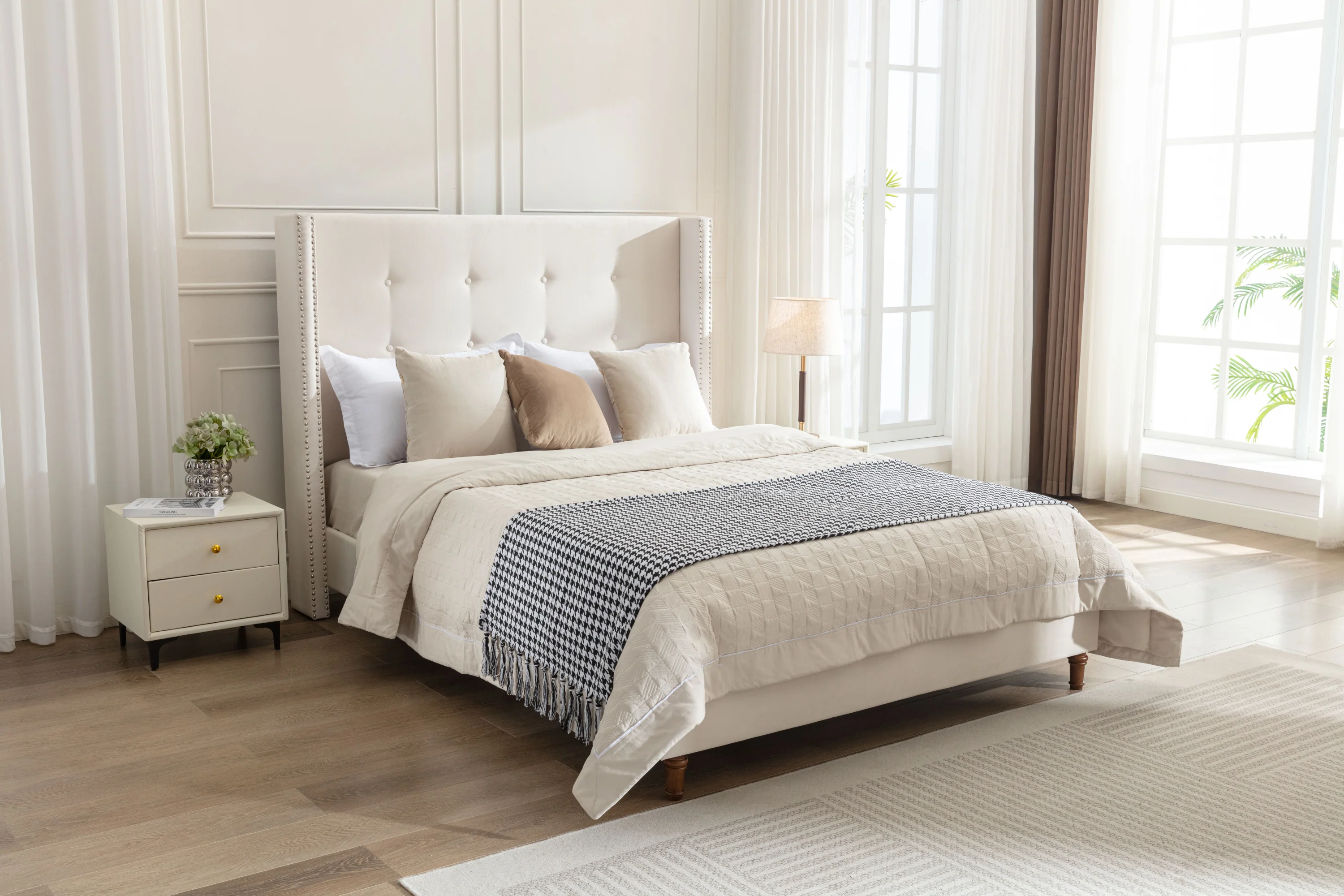 Walker Edison | Traditional Peyton Upholstered 54" High Headboard King Bed - Image 6