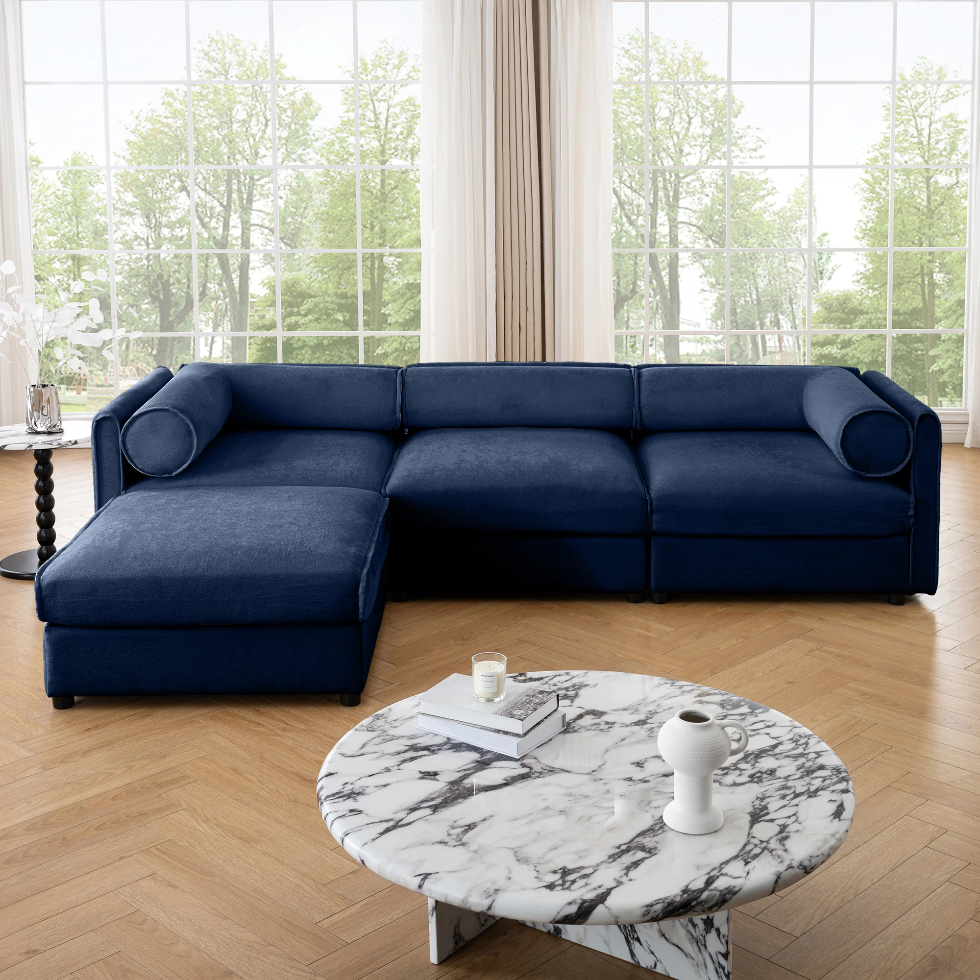 Walker Edison | Elegant L-Shaped Blue Chenille 3-Seater Sofa with Storage and Ottoman - Image 2