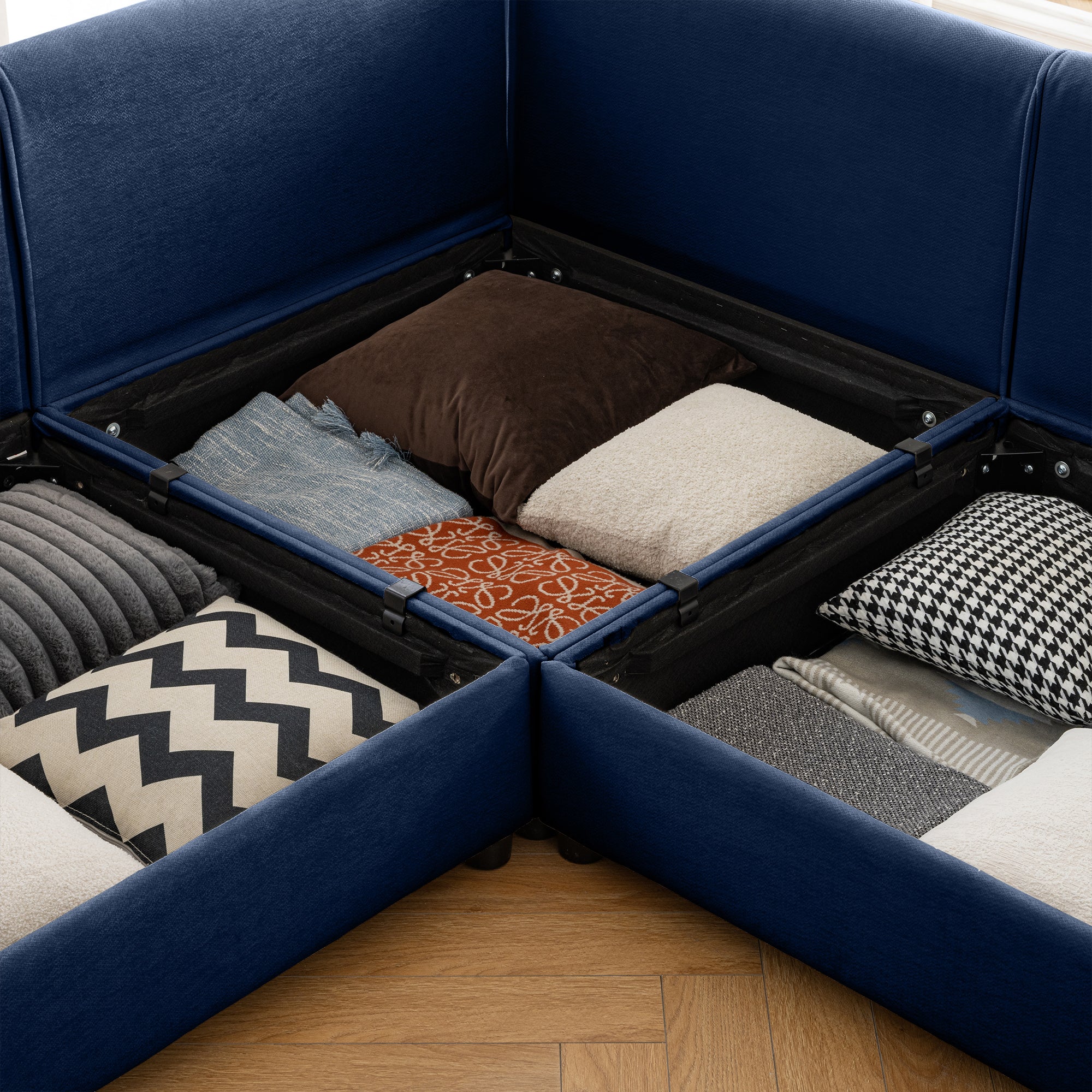 Walker Edison | Elegant L-Shaped Blue Chenille 3-Seater Sofa with Storage and Ottoman - Image 3