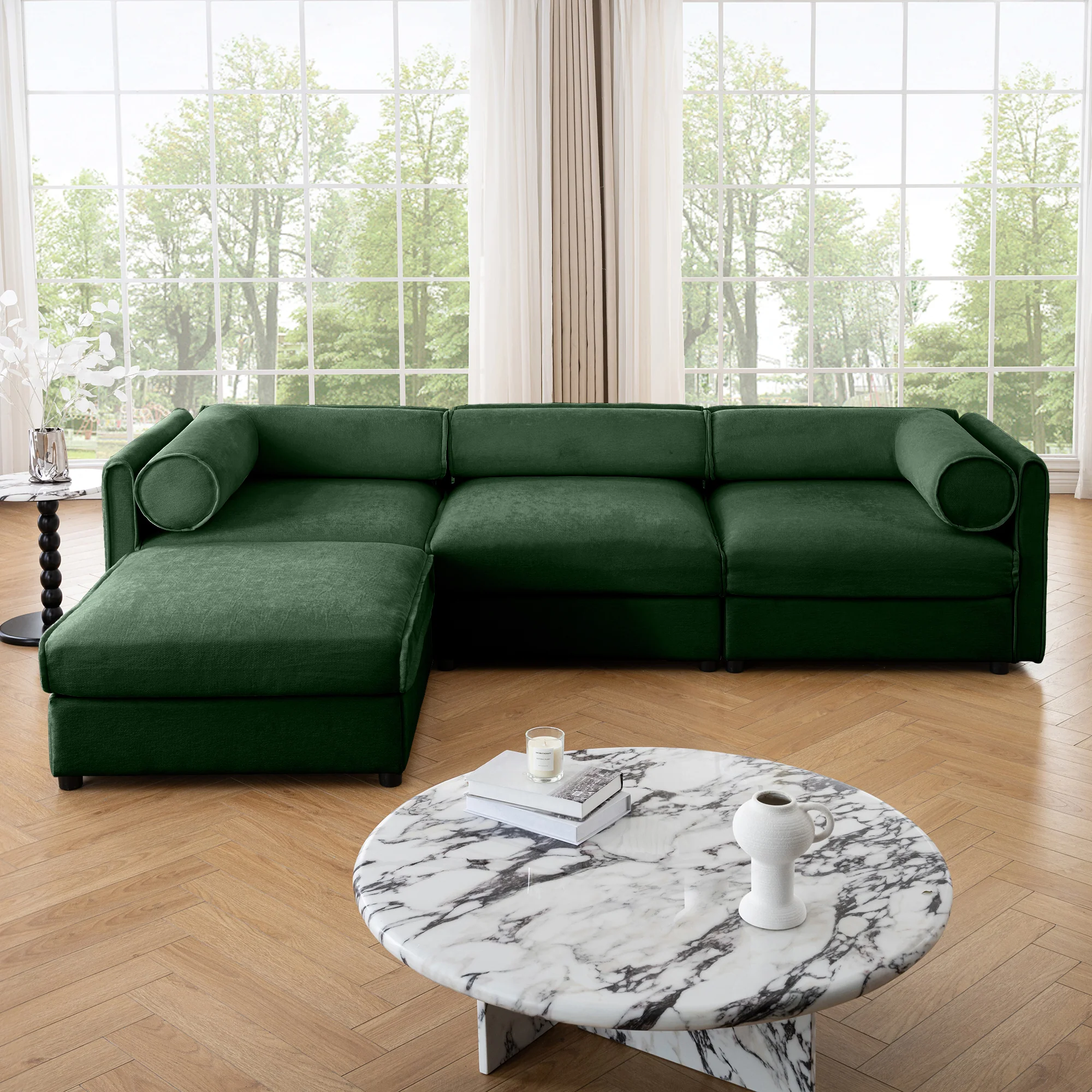 Walker Edison | Elegant L-Shaped Green Chenille Sofa with Storage Seat and Ottoman - Image 2