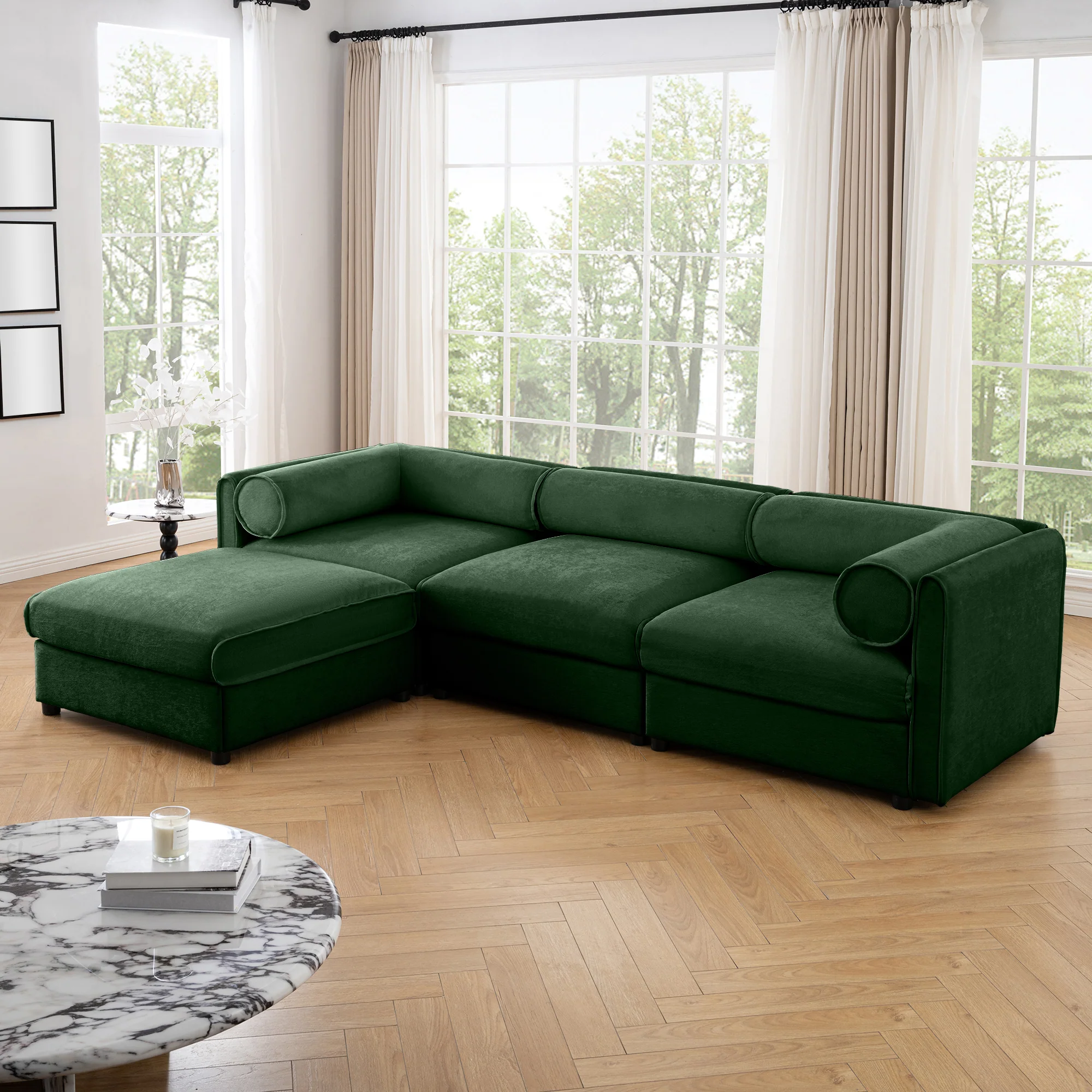 Walker Edison | Elegant L-Shaped Green Chenille Sofa with Storage Seat and Ottoman - Image 5