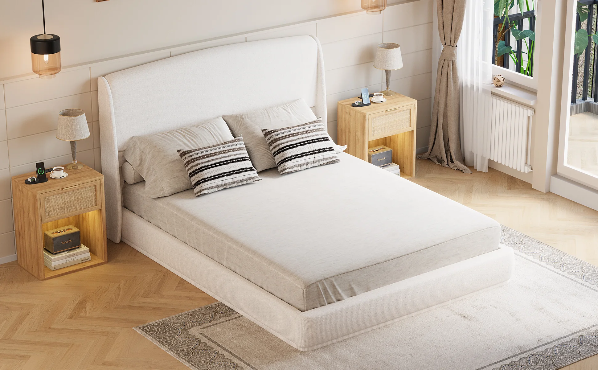 Elegant Linen Upholstered Queen Bed Frame with Wingback Headboard - Image 25