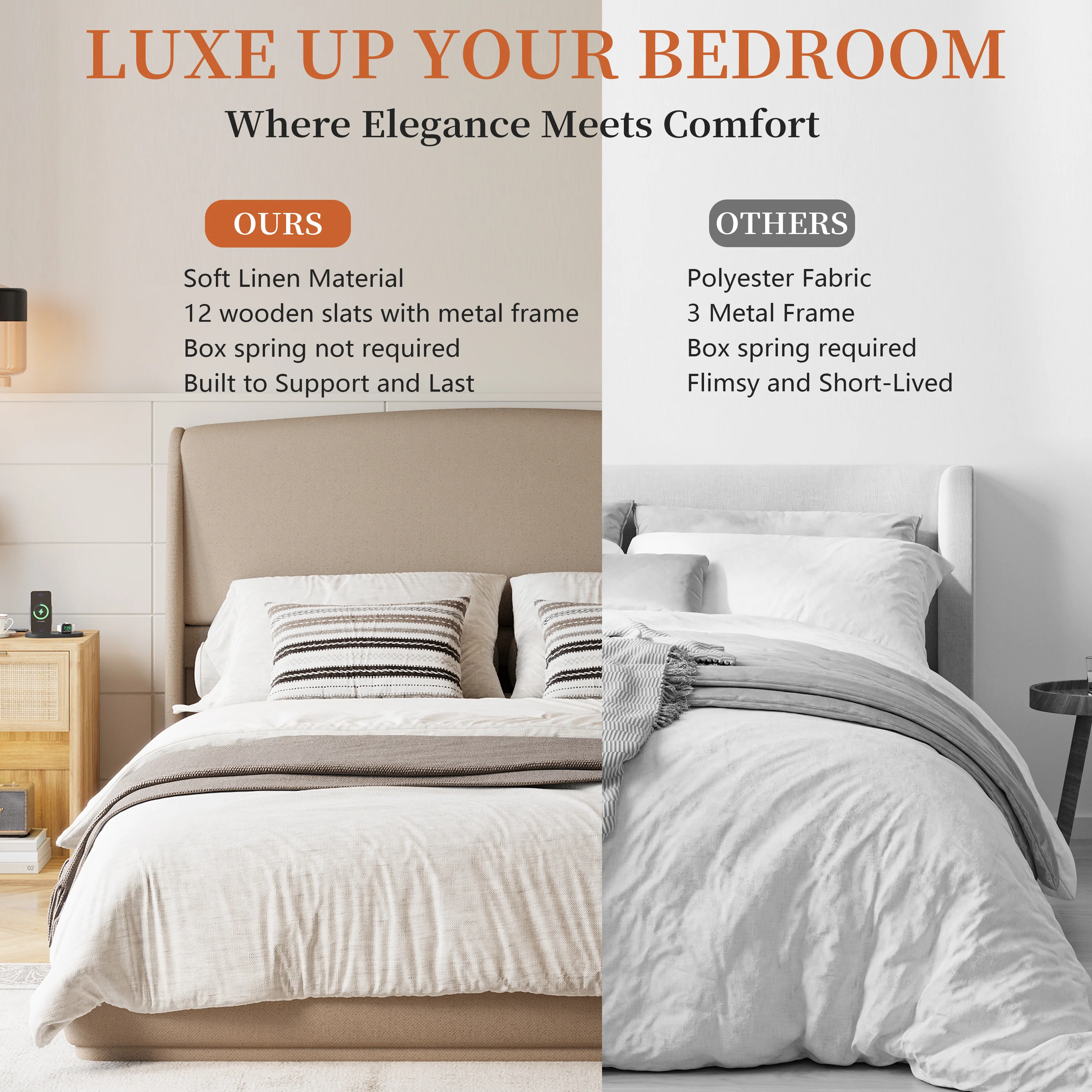 Elegant Linen Upholstered Queen Bed Frame with Wingback Headboard - Image 28