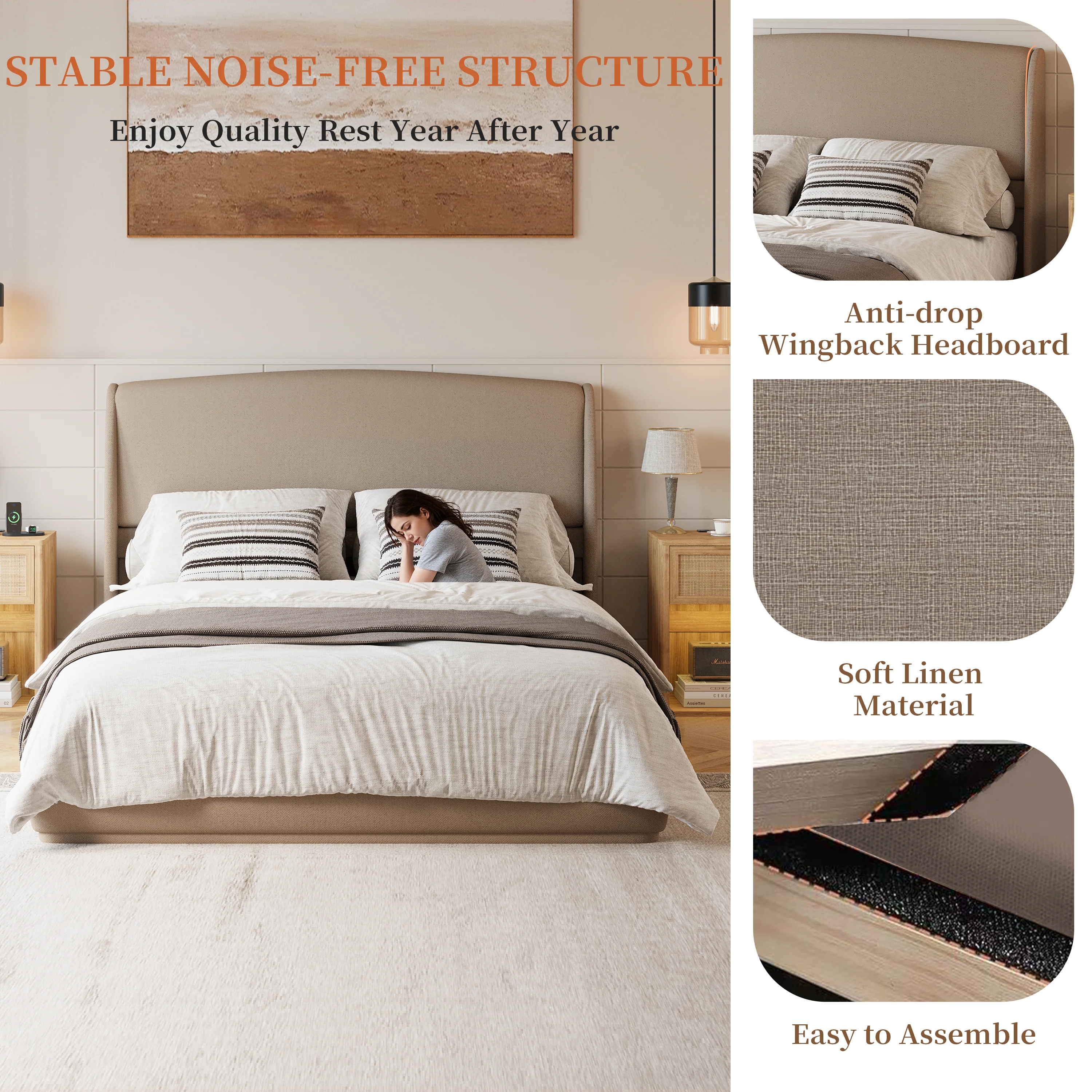 Elegant Linen Upholstered Queen Bed Frame with Wingback Headboard - Image 4